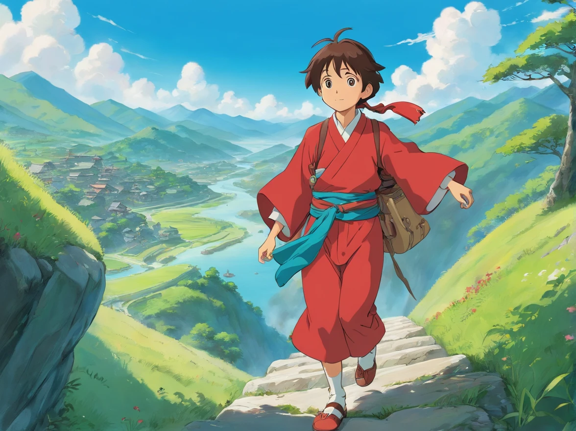 with blue sky and white clouds、15-year-old boy wearing red Zhuang costume、Carry a bag、Climb over small hills,Cross the river 。Show hillside rivers。Side face perspective