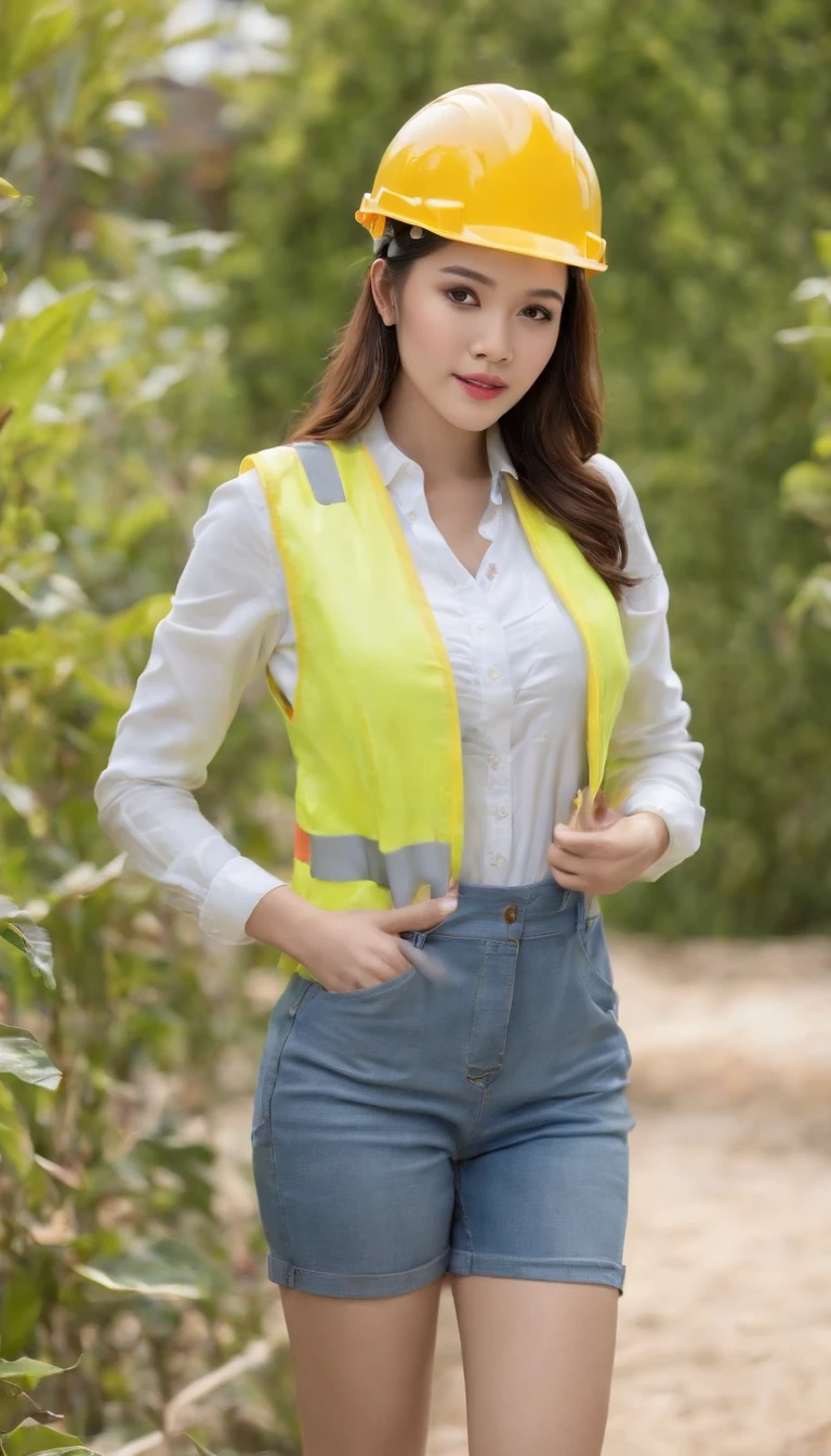 Project background shoot, Garden construction, well drilling construction work on the garden, a male construction worker (handsome construction guy, Indonesian male model, wearing construction vest, wearing yellow construction helmet) is talking seriously to a beautiful indonesian girl (beautiful girl, indonesian female model, white skin, delicate eyes, double eye lids, sexy body: 1.2 blue shirt, white blazer, blue jeans long pants, the girl is not wearing any helmets), full body photo shoot