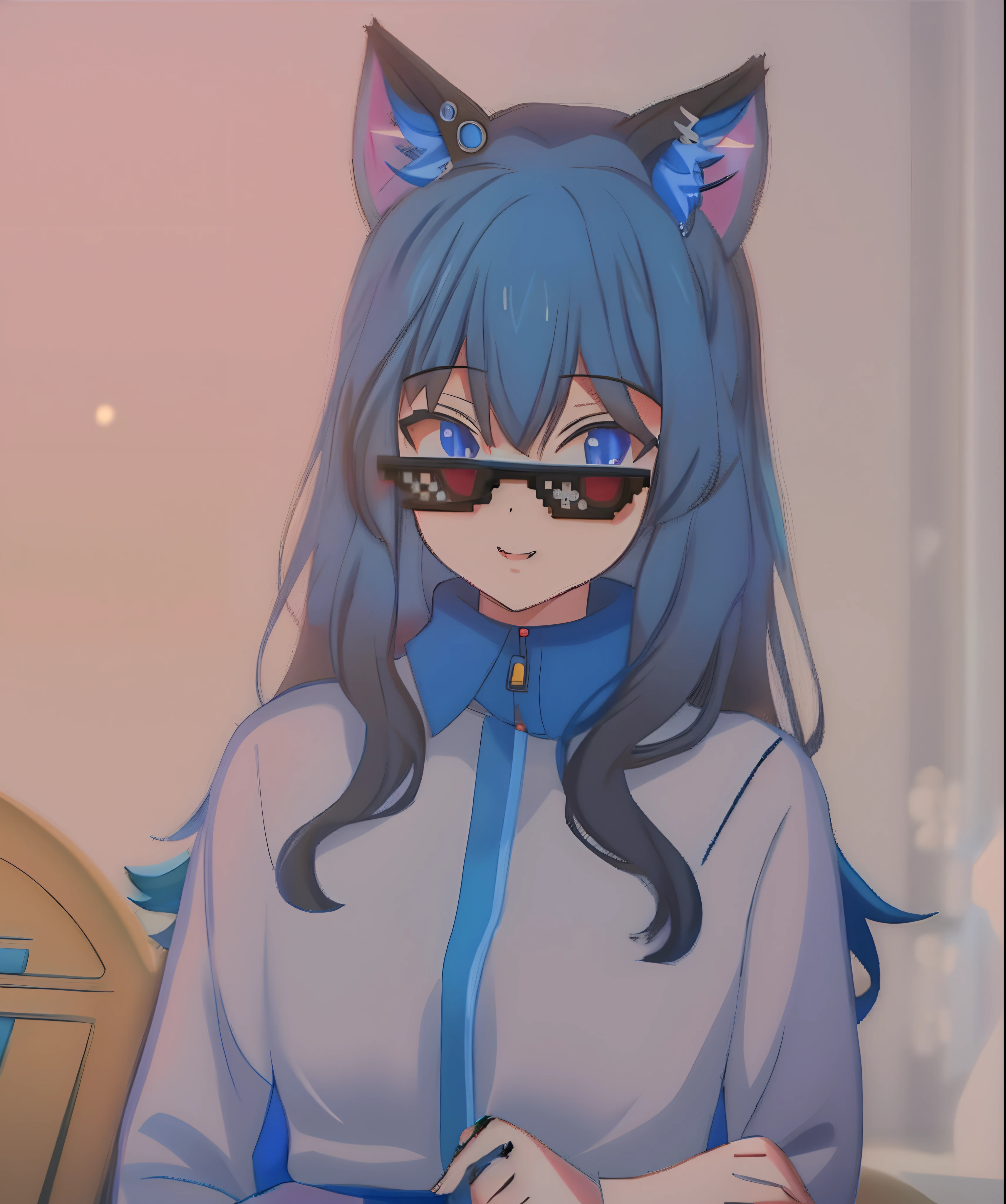 um close up de uma pessoa com cabelo azul usando uma orelha de gato, anime moe artstyle, menina anime com orelhas de gato, 2 d estilo anime, VRCabord, estilo anime. 8k, anime estilo 3d, gato anime, menina com orelhas de gato, orelhas pretas do gato do cabelo preto, um azul ) e enormes orelhas de morcego, anime estilizado, anime estilizado