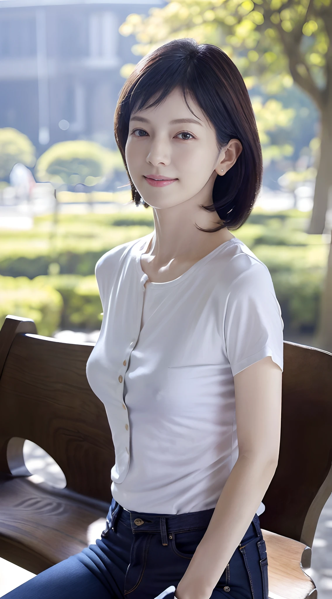 (japanes),(35 year old), (Slender woman), (small tits),(She wears almost no makeup),(with nasolabial fold),thin lipss,Smiling,Semi-long hair,Black hair,(She is in a well-lit park),(Sit on a park bench),(She has small breasts), (small head), (((She wears a large plain white t-shirt))), ((She wears dark blue denim pants)), (Photorealistic), (Ray tracing), (Sharp Focus), 鎖骨, (Detailed face), natural and realistic skin textures, Soft face, (((Cameltoe))),((perfect anatomia:1.4))