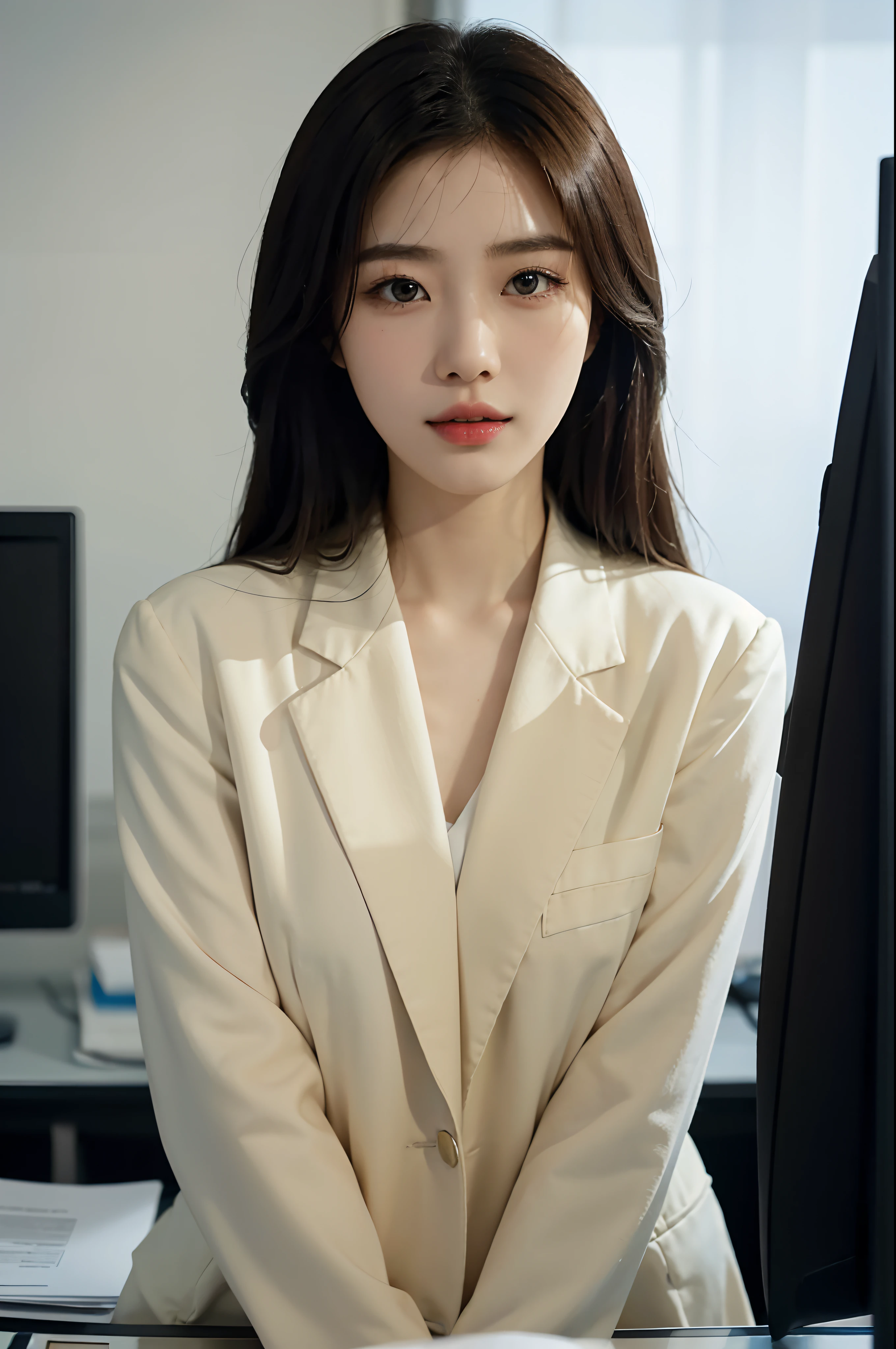High-res, Realistic portrait of professional korean office lady with perfect skin,Professional suits,Women's suits,stand posture,The upper part of the body,Women in the workplace,Show confidence and maturity, Surrounded by a modern corporate environment, Vibrant and naturally lit highlights. The artwork should emphasize her elegant facial features, Including charming long eyes, Fluttering eyelashes and seductive lips. The scene should be enhanced with elements of professionalism and visual appeal,For example, Stylish work desk, Mainframe computers, High-resolution display, and complex stationery. The overall tone should be warm and professional, Has a soft and natural color palette. The artwork should exude a sense of professionalism, Success, and cultural pride,The background is blurred out