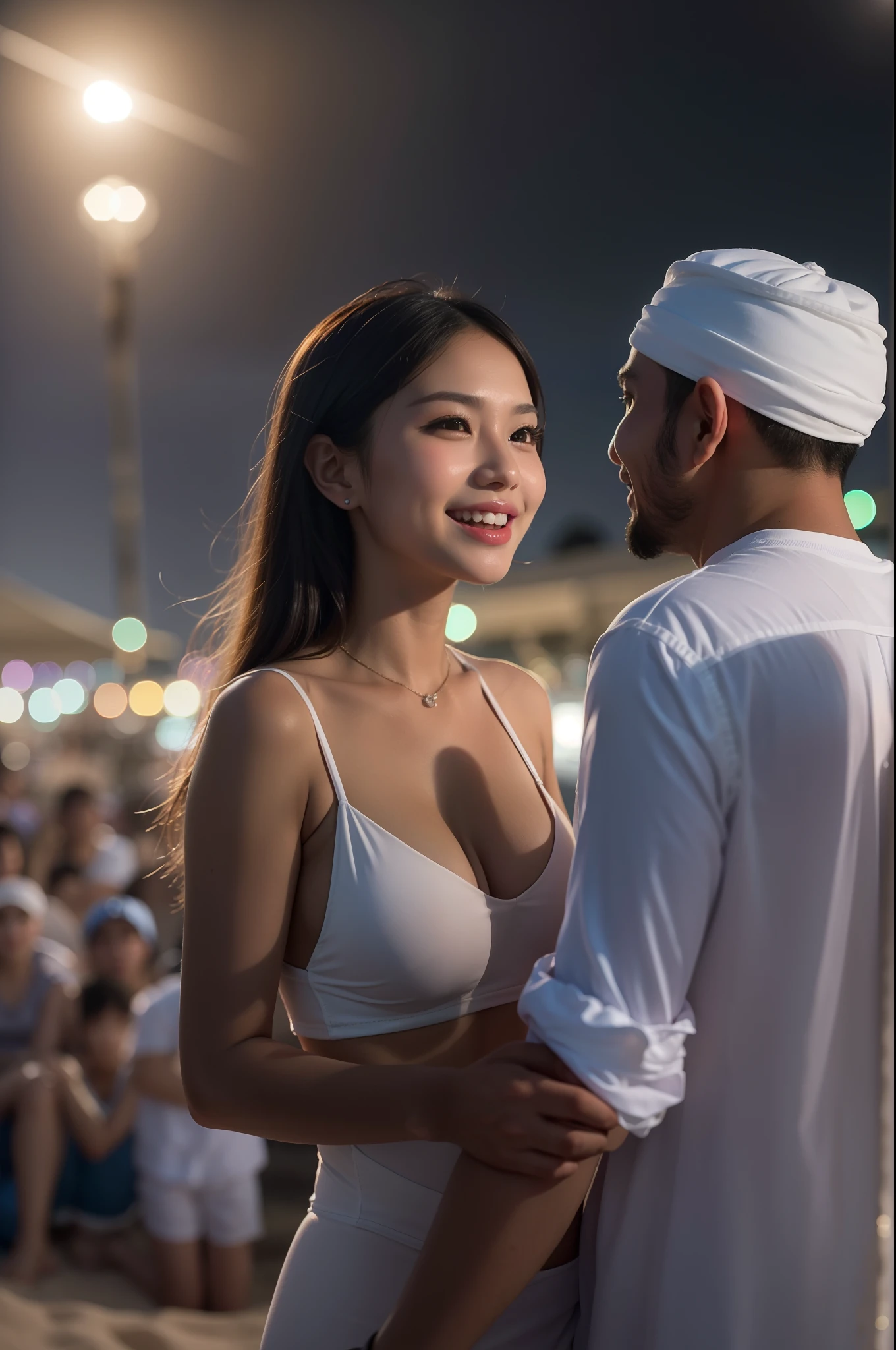 Portrait photography of a beautiful young malay girl in hijab wearing white mini bikini with 1 malay man watching a beach concert, nighttime, beach concert background, crowded concert, bright lighting, smile and happy gesture, high quality, ultra detail, 8k,