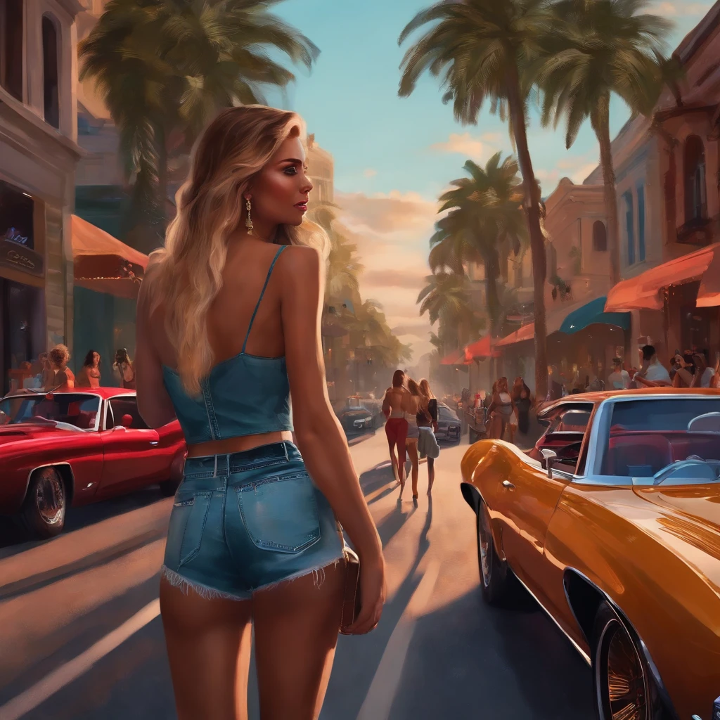 Street with people partying, girls in shorts with drinks in their hands, luxury cars on the street, ultra realistic
