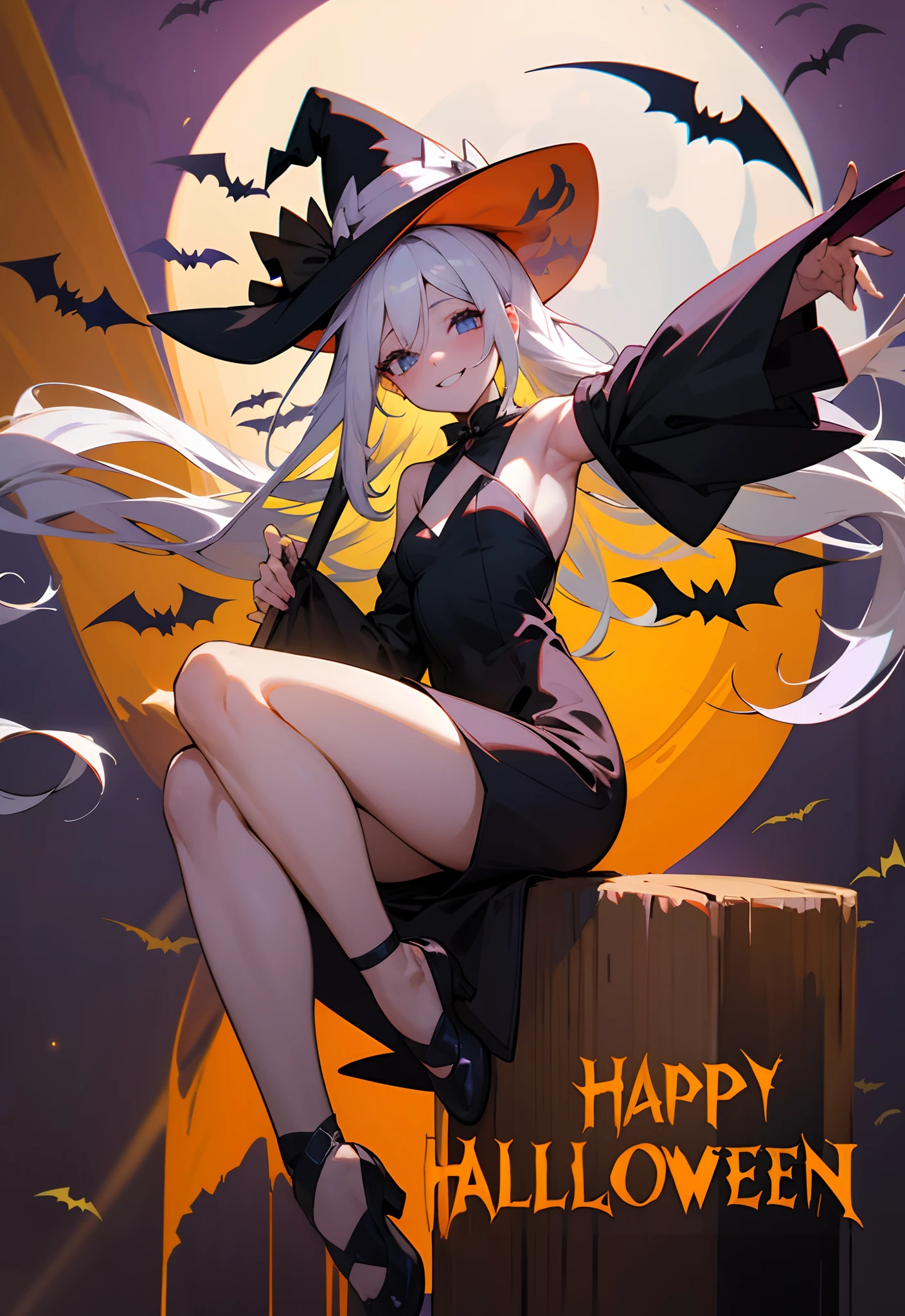 Halloween, witch hat, black swimsuit, white and beautiful hair, night city,