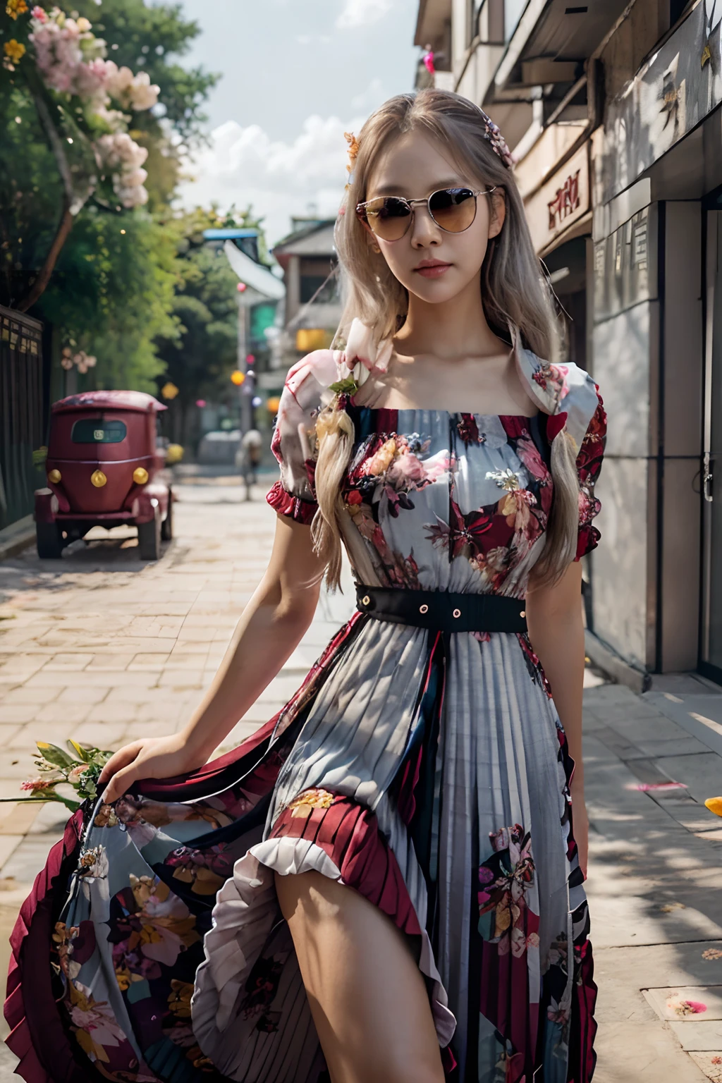 A beautiful woman in the woods, Big breasts, Slim, White skin,(In front of you:1.5), smiling korean woman, Young sensual woman,Young skinny, ((Best Quality, 8K, Masterpiece: 1.8)), (happiness: 1.3), Focusing: 1.2, Perfect Body Beauty: 1.8, butt: 1.3, (Big Wave: 1.1), (Hair waves: 1.3),(Street: 1.1), Highly detailed face and skin texture, Delicate eyes, Double eyelids, Whitened skin, Long hair, (Round face: 1.5),(model poses:1.1),(Black sunglasses:1.3),(Collared Shirts: ) ,(Red school uniform jacket costume:),(Red skirt outfit:), ( Floral Zenk pleated long dress:1.8) ,(Double eyelidd:1.1),(Carboy Shot),(spreading your legs:),([Lift the hem of the end of the skirt with both hands to show the white panties]),kwak ji young, Songs inspired by Tang Sin Yun Sandara, female actress from korea, jaeyeon nam, Lee Ji-eun, -silver(-silver(Izzy-silver(Lee Ji - Eun))), Korean Woman, Normal number (Normal number (Sangsoo Jeong))), heonhwa choe, beautiful south korean woman,Ecliptic-