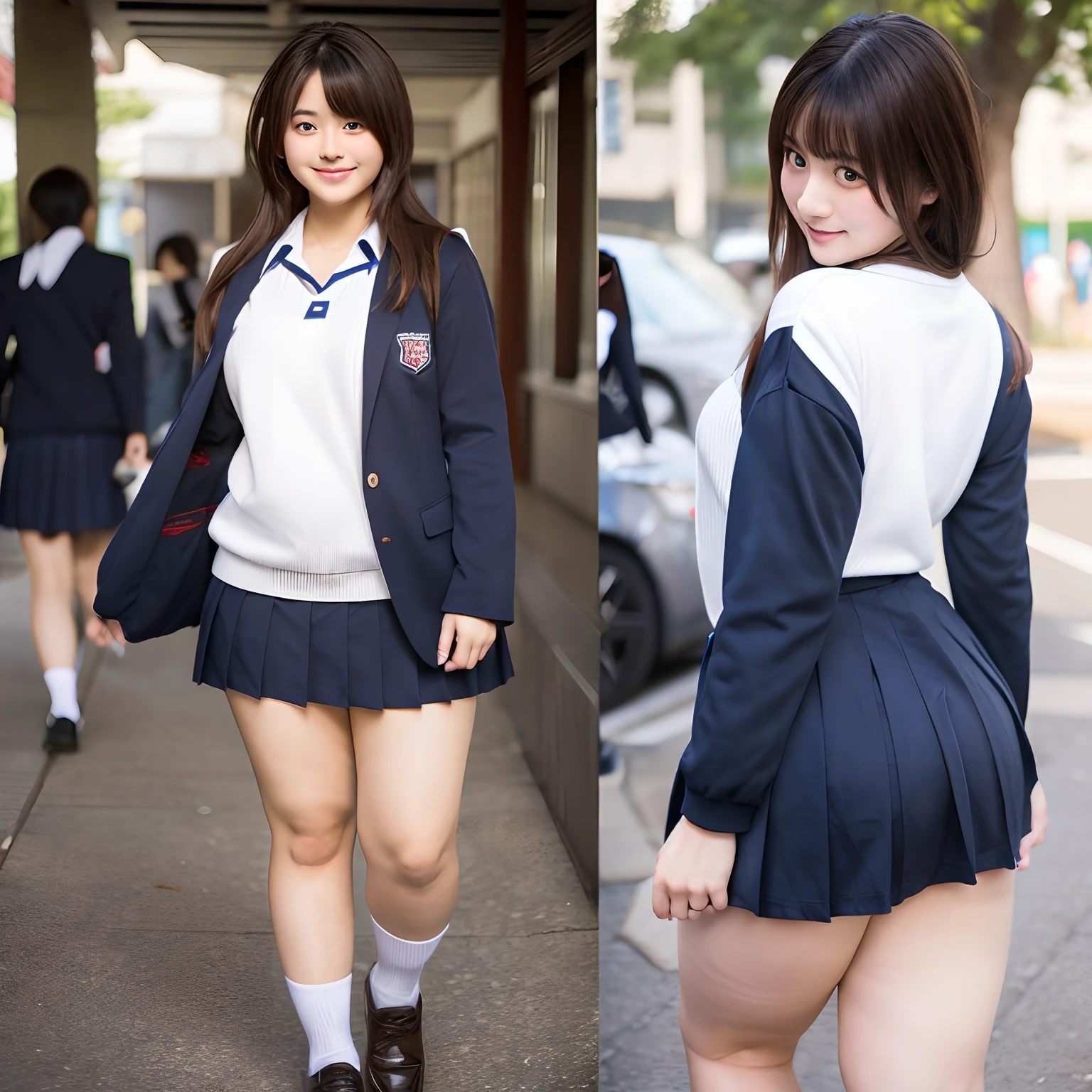 Japanese high school girl, Whole body, School uniform, Fat, thick thighs,Big buttocks, Photorealistic、Waist thick