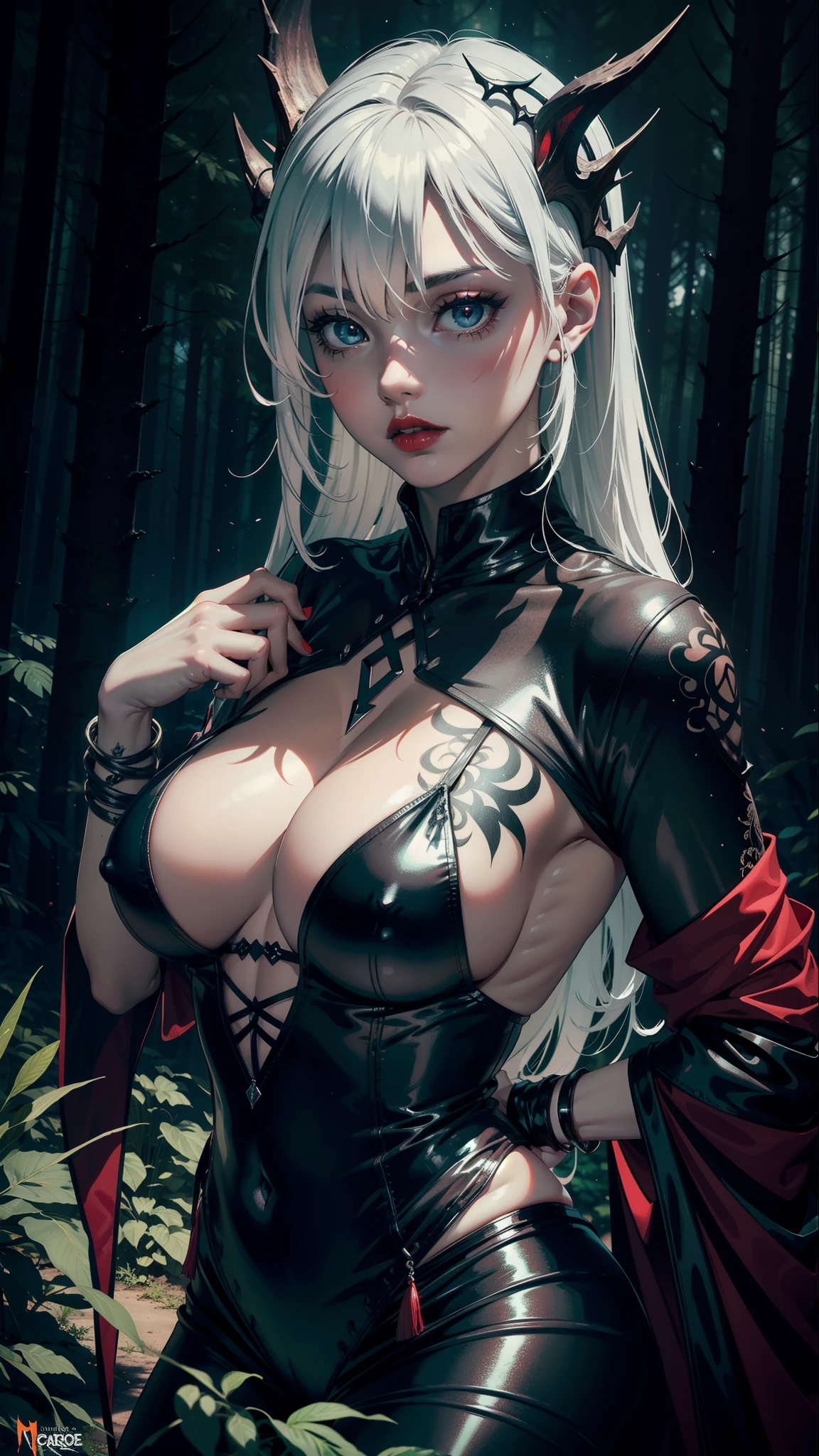 extreme dark forest in background, colorful. sinister, Aurora, mythical and magical, hybrid, erotic pose, pore white hair, small tits, big eyes, body covered with tattoo, red lips, erotic, dark light, black dress, fatale seduction