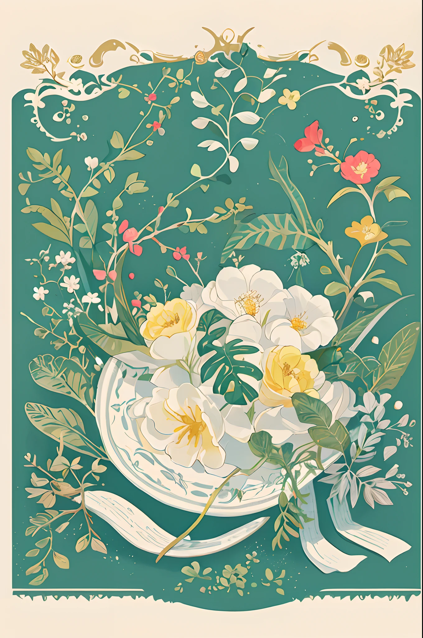 Slight vintage color,planar,,RISO print style,illustration,adolable,Leave white space,low-saturation,Lots of flowers，Individually arranged，leafs，branches，Printing， a sticker，Random distribution，Lovely drawing style， Color guide，Graphic design，Carpet pattern，（solid color backdrop）