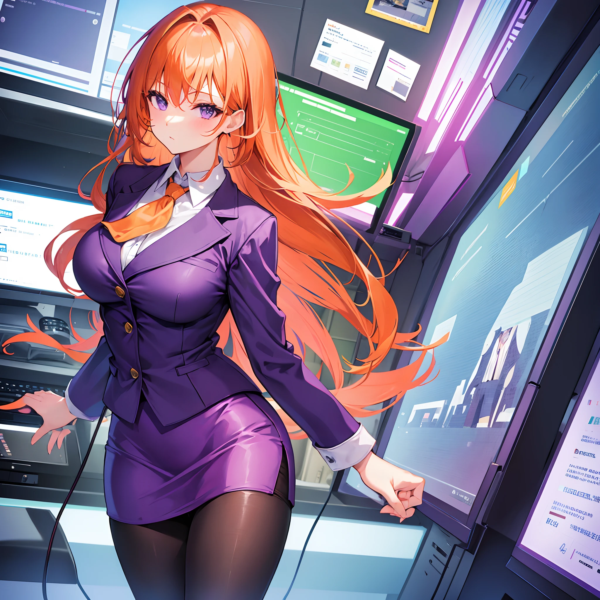 Officelady、 purple jacket、green tight skirt、blouse、tights、heels, orange hair、s Office、Beautiful woman、gazing at viewer、Looking here、hight resolution、top-quality