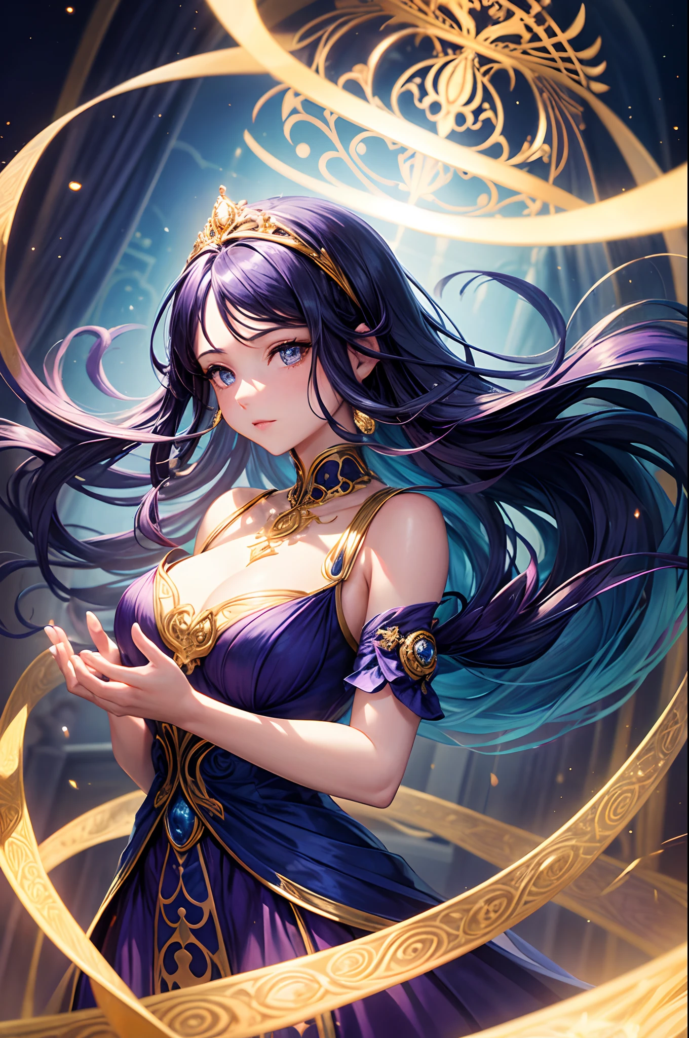 An image of a woman in a surrealist setting, com detalhes intrincados que destacam seus cabelos multicoloridos, variando de roxo a azul. Ela usa um vestido de alta costura com uma mistura de estilo Art Deco e Art Nouveau, Featuring an intricate pattern. The lighting of the scene is cinematic, with lens flare effects that create a magical ambiance. Woman looks with captivating expression, while holding a golden tiara in her hands. The work is an example of incredible quality 8K work
