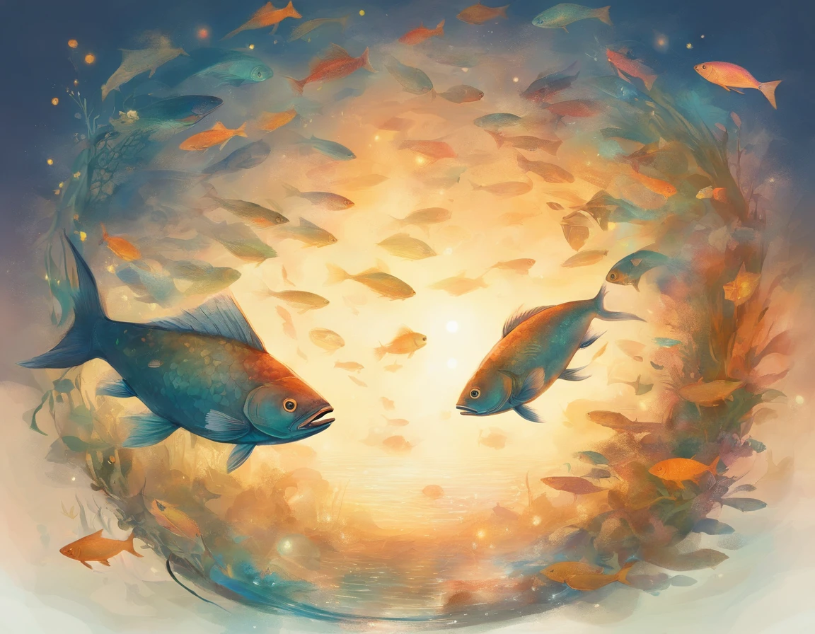 Silhouettes of groups of fish swimming in a circle