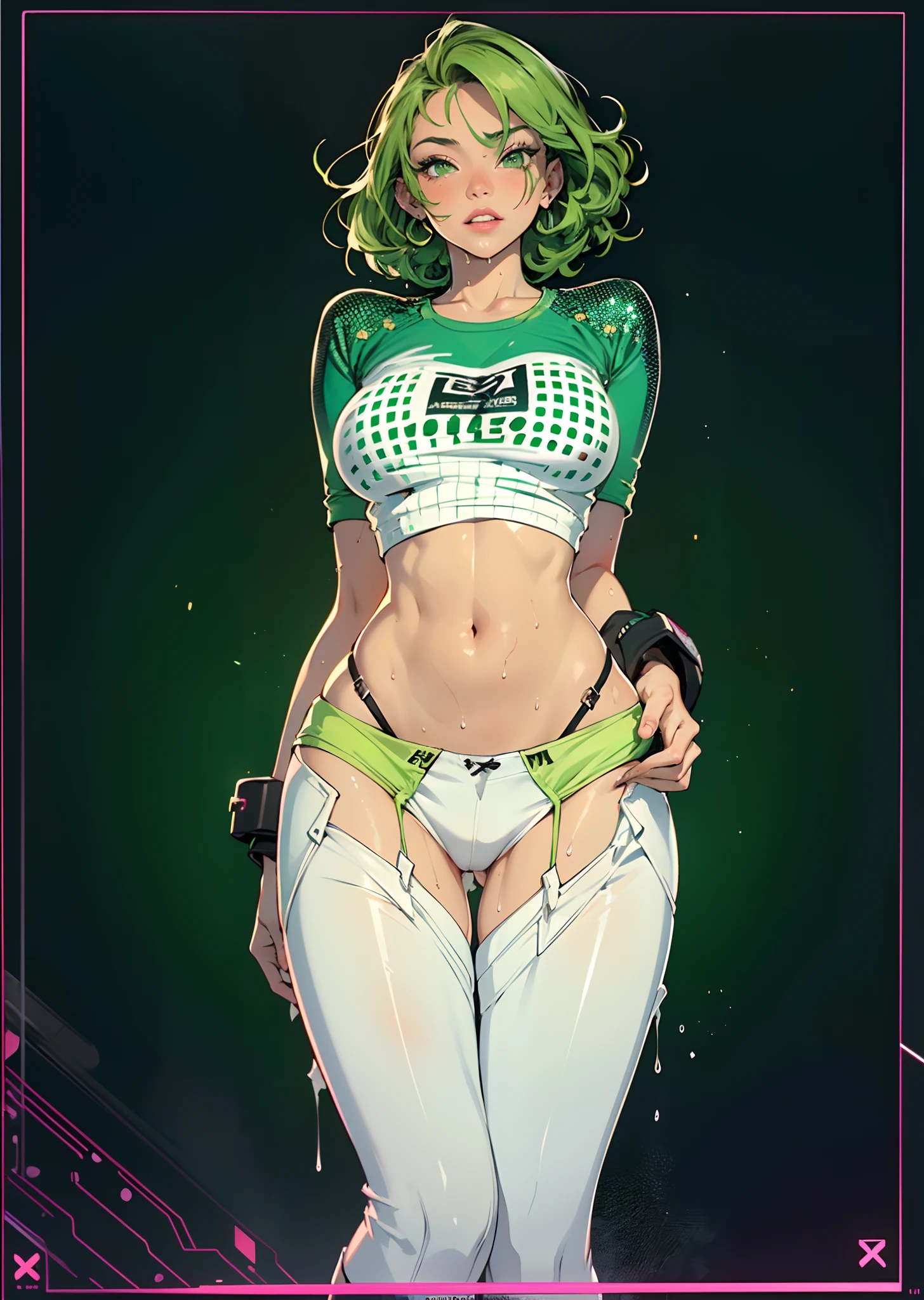 girl youtuber,(((1girl))),((extremely cute and beautiful green curly-haired girl)),

(short breasts:1.4),(((green curly hair:1.35,very curly hair,colored inner hair,ear breathing,short hair))),(((green eyes:1.3))),intricate eyes,beautiful detailed eyes,symmetrical eyes,((fat)),(((lustrous skin:1.5,bright skin: 1.5,skin tanned,shiny skin,very shiny skin,shiny body,plastic glitter skin,exaggerated shiny skin,illuminated skin,wet legs))),delicate detailed fingers,detailed body,human hands,(detailed face),

cute,slutty,seductive,erotic,(((nsfw))),

zettai ryouiki,revealing clothing,show skin,((rave mini-skirt,visible thong straps,white loose tank top with an pop art print)),((wet clothes,intricate outfit,intricate clothes)),

(dynamic pose:1.0),embarrassed,(centered,scale to fit dimensions,Rule of thirds),

cyberpunk city by the ocean at night, with bright neon signs and dark stormy clouds and puddles, scenery:1.25,

motor irreal:1.4,UHD,La mejor calidad:1.4, fotorrealista:1.4, textura de la piel:1.4, obra maestra:1.8,highres, sharp focus, (ultra detailed, extremely detailed), (photorealistic artwork:1.37),(extremely detailed CG unity 8k wallpaper),((synthwave background theme)),(((vibrant colors))),(intricate background),(masterpiece),(best quality),