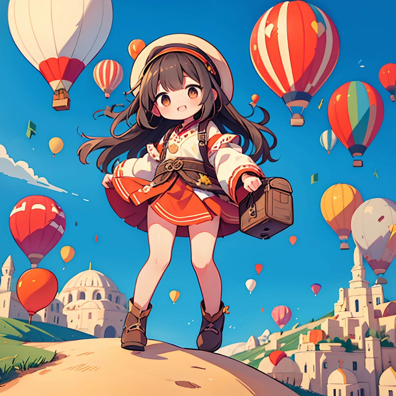 Turkey Travel、Cappadocia、Lots of air balloons、kawaii girl、happily face、Turkish national costume、Brown skin、masterpiece、top-quality、Top image quality