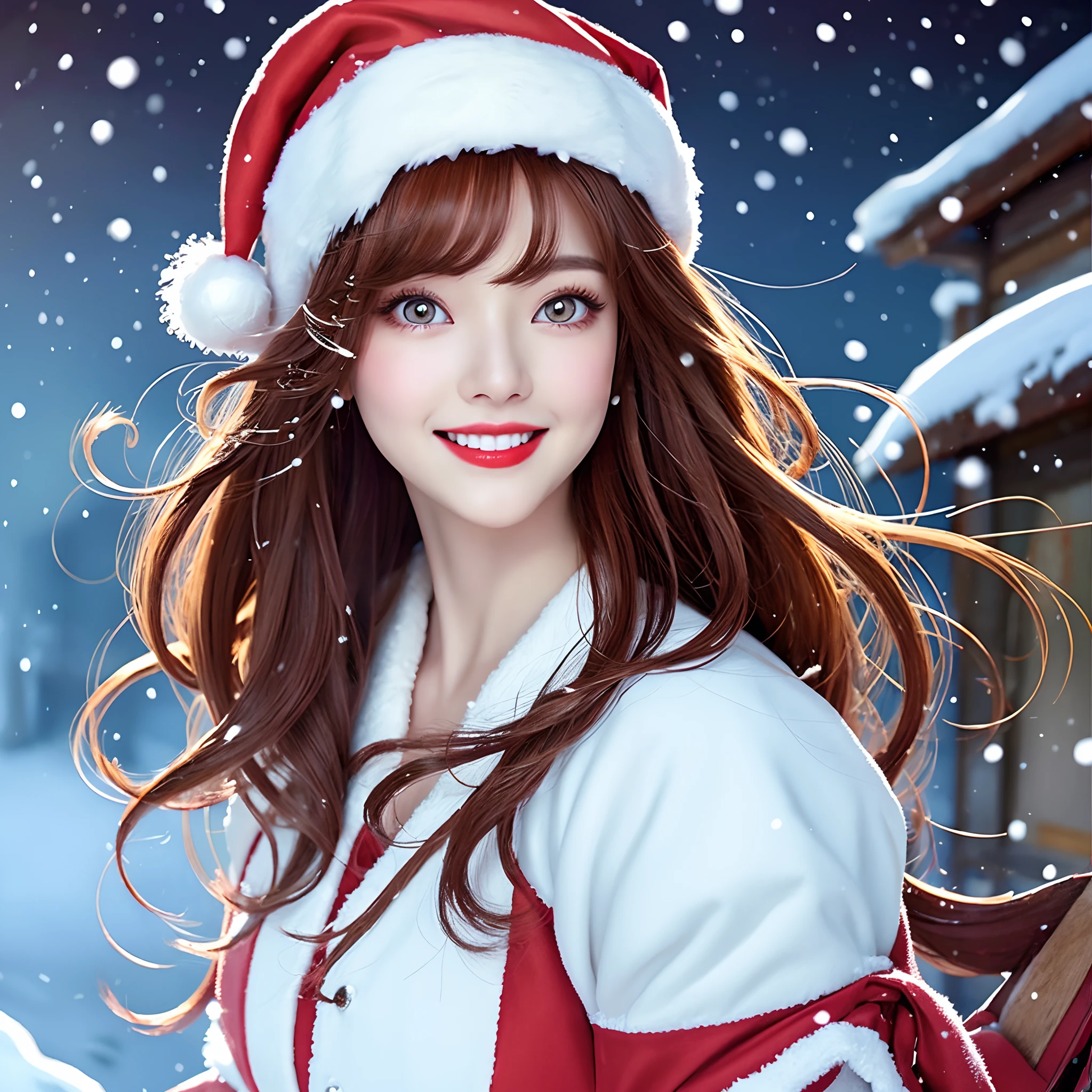 (masuter piece)、(Best Quality:1.0)(超A high resolution:1.0)masterpiece、top-quality、hight resolution、ultra-detailliert、Hirohiko Araki、Anime Pictures、Game Images、Pixel art、1 beautiful woman、kawaii、Beautiful fece、The upper part of the body、big eye、Red Eyes、Looking at this、The best smile、Thicker lips、red lipsticks、Big eyes、Red hair、shoulder-length hair、Wearing Santa Claus clothes、Have a gift、It's snowing、Snowflake、Riding a sled、Lots of snowmen、fir