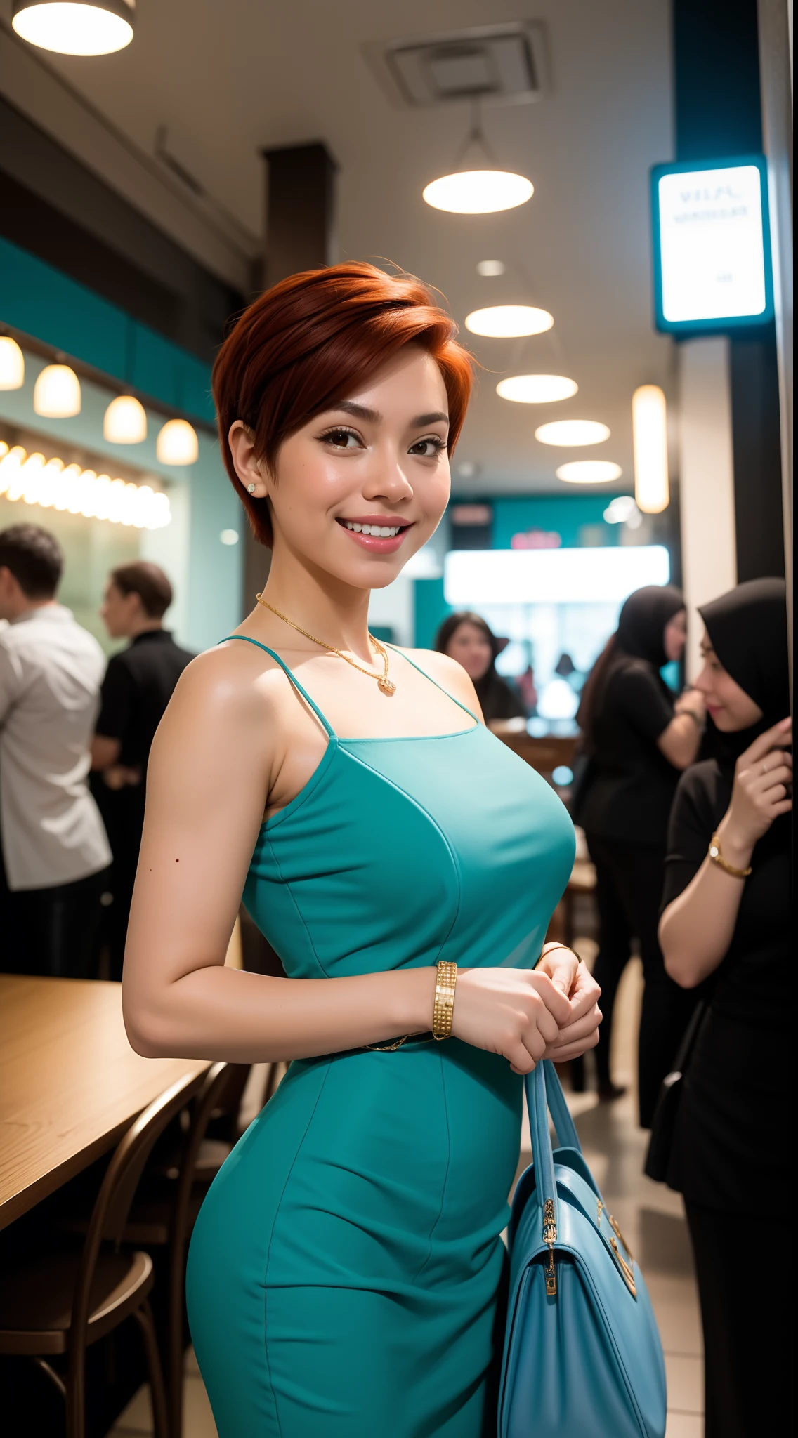 Malay girl, very short red hair, side swept pixie haircut, wear soft blue peplum Dress , laughing and posing with hand on head, touching her own head, wear handbag, from back view, windy, detail skin, age spot, detail skin texture, mole below eyes, small breast, flat chest, wide hips, small waists, thick thighs, slim abs, beautiful body, nighttime, laughing, happy, bright lighting, crowded café, blur background, bokeh, high quality, ultra detail, 8k,