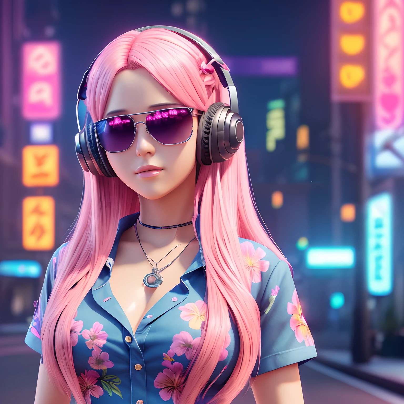 Masterpiece, best quality, (very detailed CG unity 8k wallpaper) (best quality), (best illustration), (best shadows), single female, full body, long pink hair, anime, large breasts, short sleeve button up hawaiian shirt with flowers, jean shorts, cyberpunk, neon, sunglasses, headphones, detailed skin, beautiful face, solo female, neon city, age mid 30's