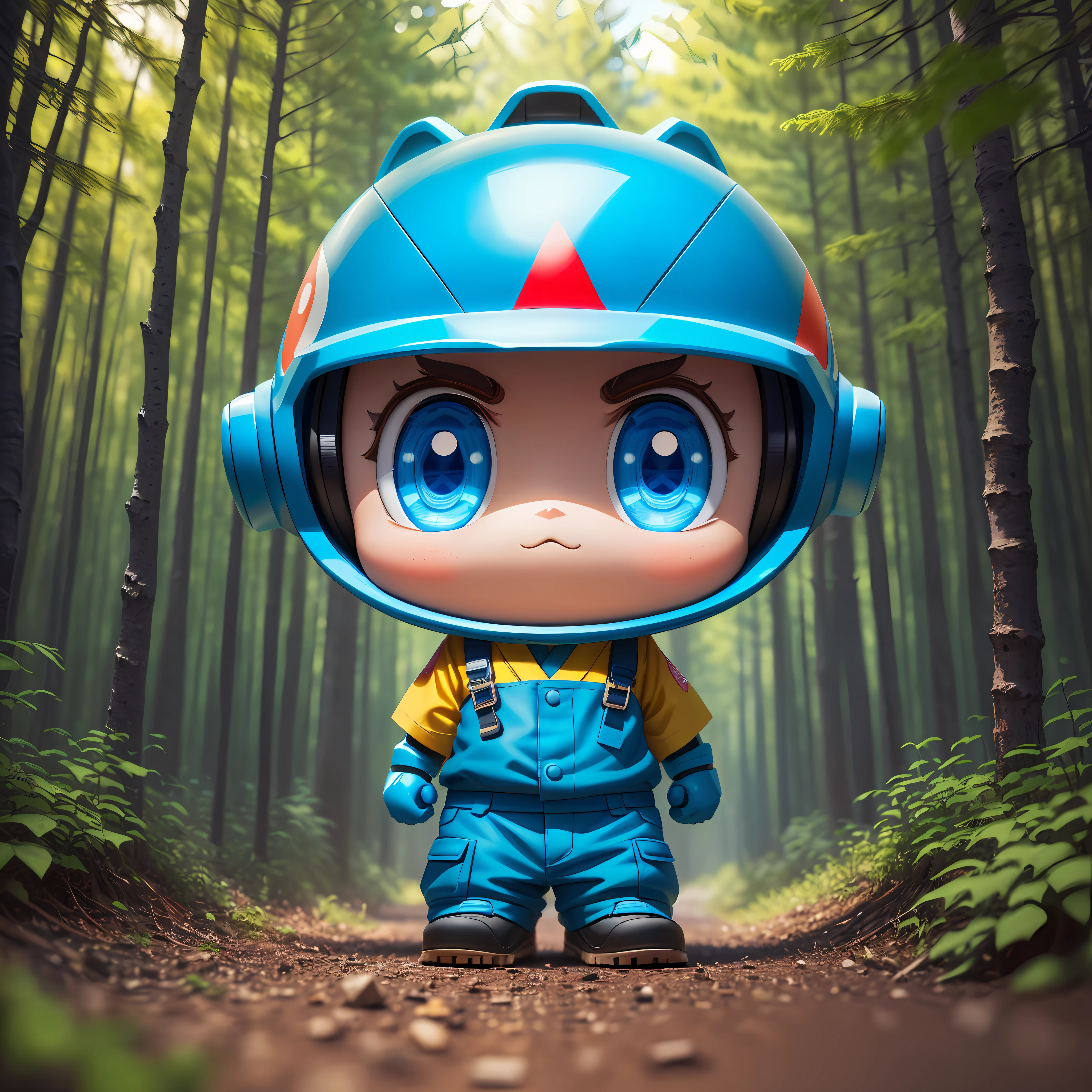 There is a little man with a blue helmet running, colorful, 3d model of a Japanese mascot, 3 d rendering stylized, cute 3 D Rendering, Stylized Character, Cute Character, Cute Cartoon Character, 3D Character, 3D Character, Highly Detailed Character, Stylized Character Design, 3D Character Rendering, Very Stylized Character Design, Highly Detailed Iconic Character, In the Woods,