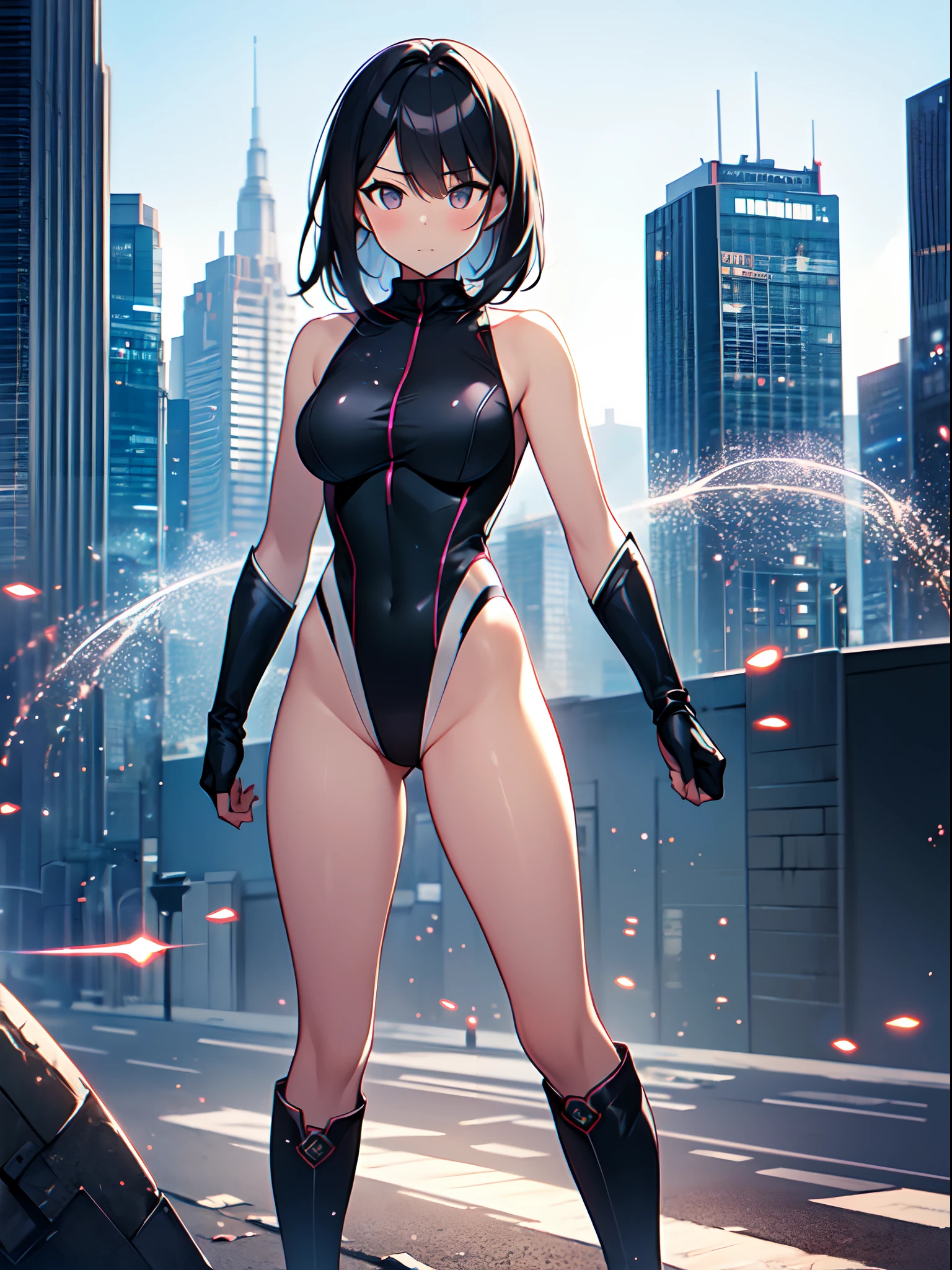 masterpiece, best quality, 1girl, superhero, leotard, bare legs, knee boots, matching boots, heroic, city backdrop, standing, body infused with energy, light particles solo, single, cowboy shot, perfect anatomy, emitting powers from hands, black hair, power beam