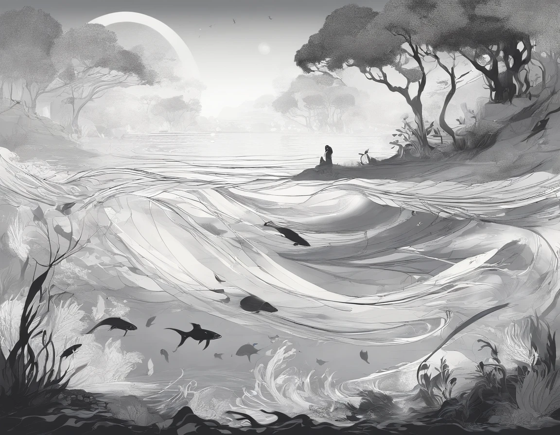 (ultra-detailed,black-and-white,high contrast,sharp focus:1.2), fish,swimming,circle,silhouettes,groups,bw,monochrome,vivid,fluid motion,underwater,ripples,fluid lines,graceful,sleek,agile,harmony,peaceful,dynamic,elemental,tranquil,fluidity,calm,waves,poetic,ethereal,serenity,abstract,vector graphics,natural beauty,organic,subtle textures,dream-like,contemporary,moody,haunting,underwater world