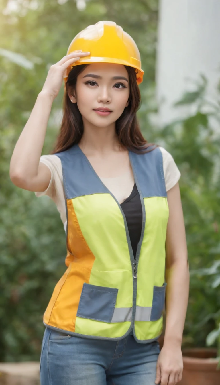 Project background shoot, Garden construction, well drilling construction work on the garden, a male construction worker (handsome construction guy, Indonesian male model, wearing construction vest, wearing yellow construction helmet) is talking face to face to a beautiful indonesian girl (beautiful girl, indonesian female model, white skin, delicate eyes, blue shirt, white blazer, blue jeans long pants, no helmet on the girl), full body photo shoot, ralistic hands, realistic fingers, no extra hands, no extra fingers