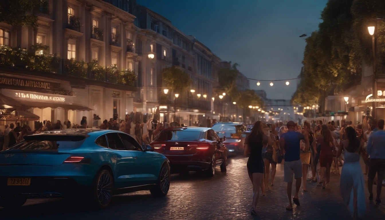 Street with people partying, girls wear shorts with drinks in their hands, men with drinks in their hands, luxury cars passing on the street, 8k, ultra realistic