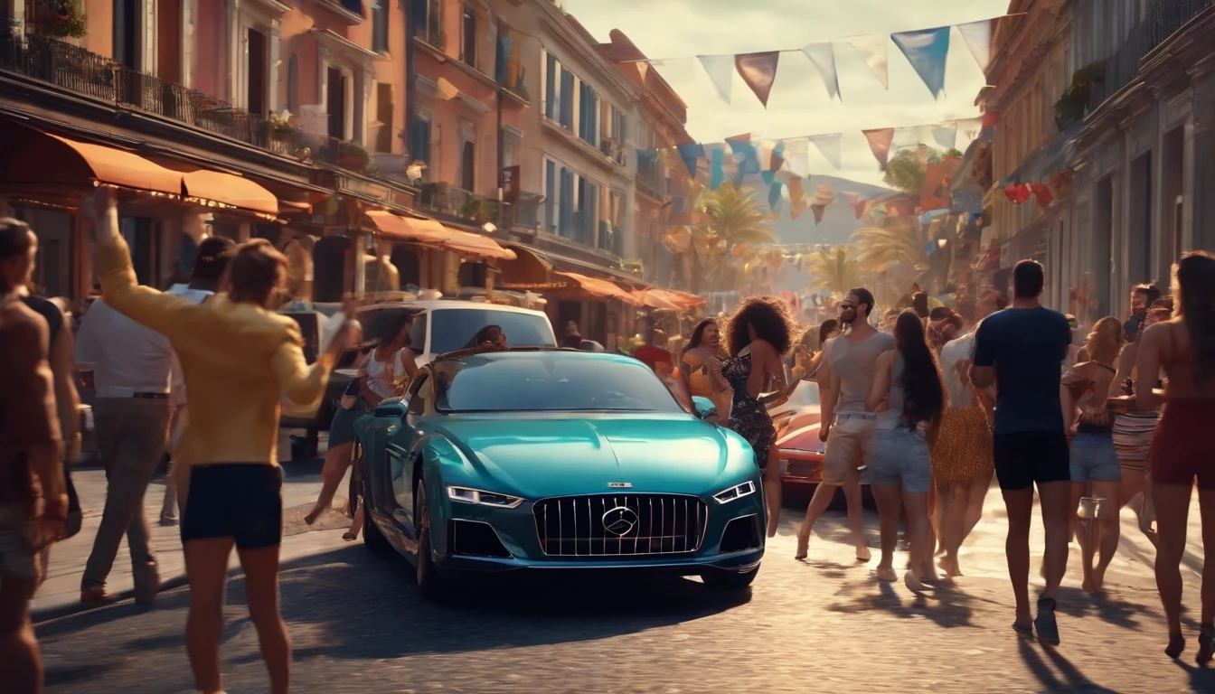 Street with people partying, girls wear shorts with drinks in their hands, men with drinks in their hands, luxury cars passing on the street, 8k, ultra realistic