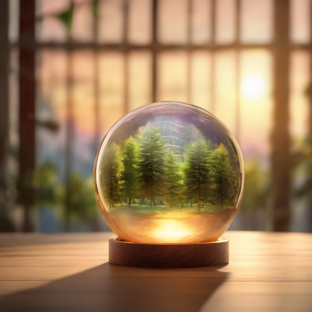 Photography shot with Canon EOS R5 using a 50mm lens. The scene captures a pristine glass orb delicately cradling a detailed miniature of the Petronas Twin Towers. This orb sits atop a polished oak desk in the midst of a forest. Bright sunlight filters through the dense tree canopy, casting soft rays onto the desk, illuminating the orb. The ambient light reveals floating particles dancing gracefully around the orb, creating an aura of nostalgia and serenity.