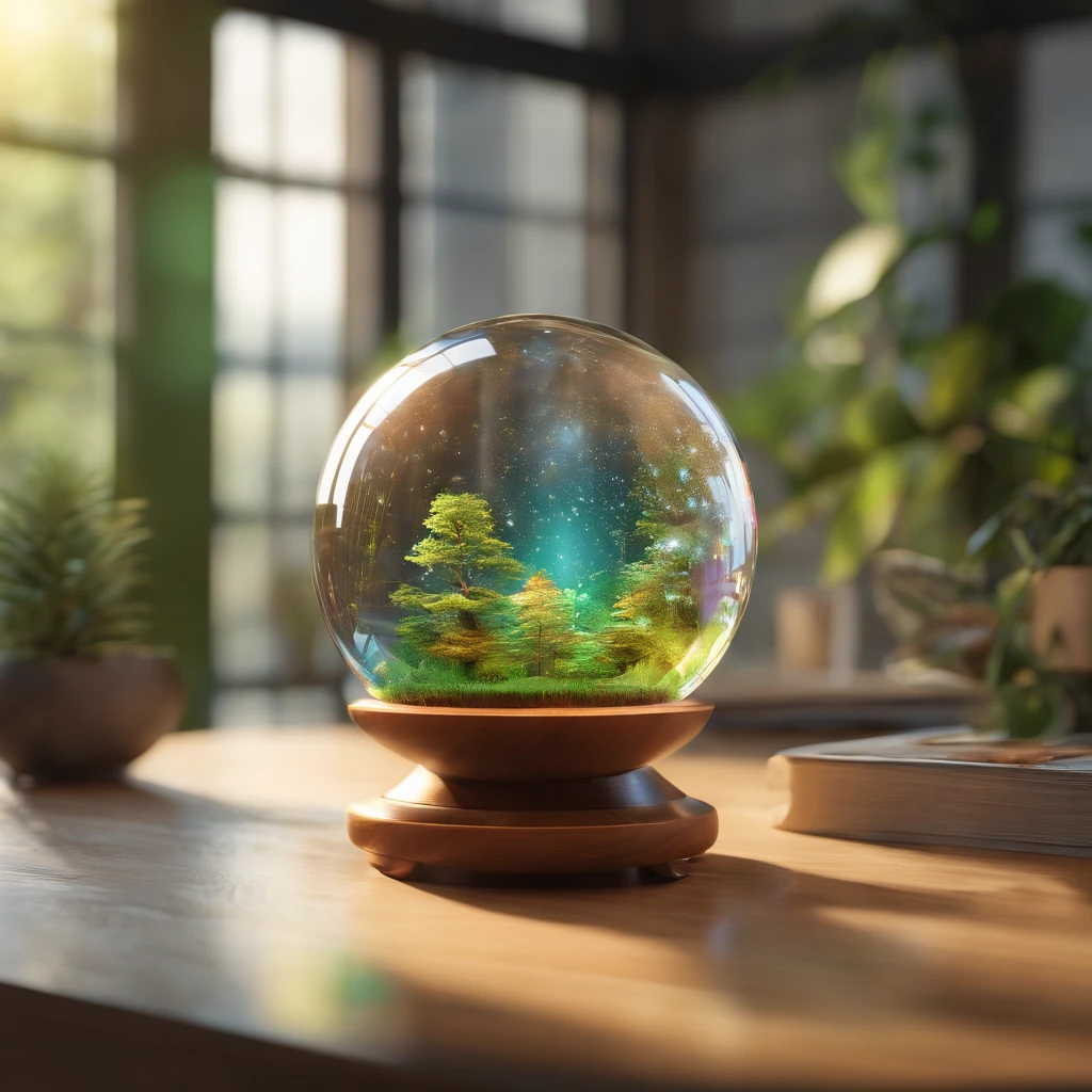 Photography shot with Canon EOS R5 using a 50mm lens. The scene captures a pristine glass orb delicately cradling a detailed miniature of the Petronas Twin Towers. This orb sits atop a polished oak desk in the midst of a forest. Bright sunlight filters through the dense tree canopy, casting soft rays onto the desk, illuminating the orb. The ambient light reveals floating particles dancing gracefully around the orb, creating an aura of nostalgia and serenity.