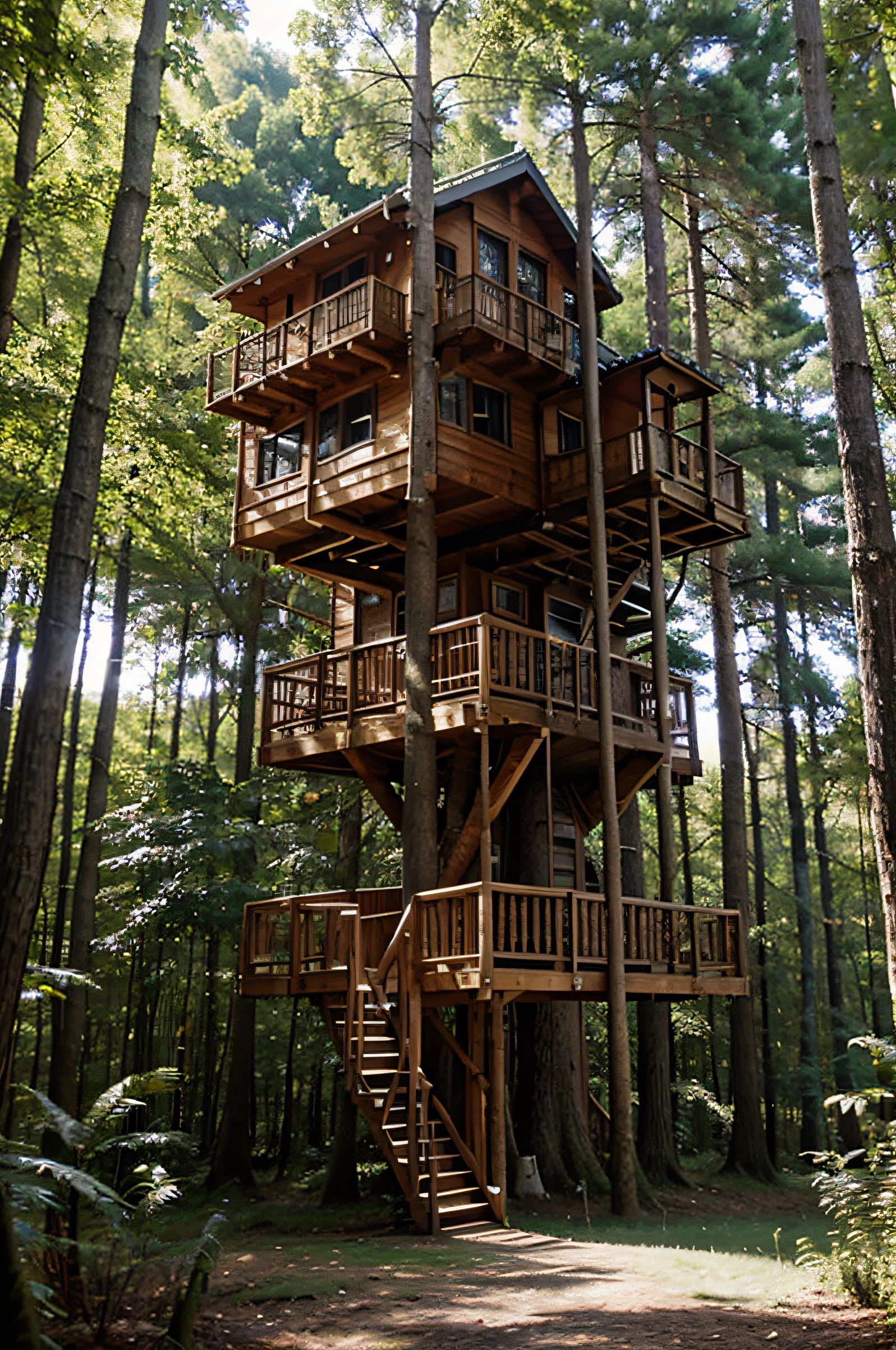 multi storey treehouse in lush forest