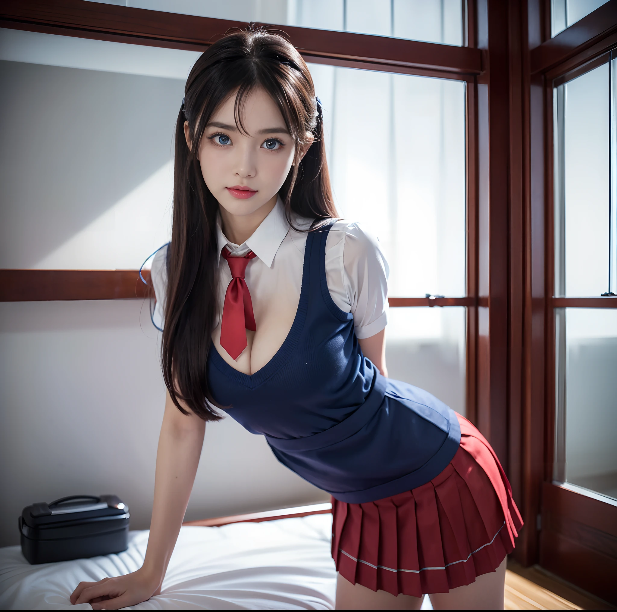 top-quality, masterpiece, (Professional lighting without shadows), A hyper-realistic, Bewitching, perfect anatomia, Two girls, (Proudly stand in front of the camera、Girl showing off ribbon tie, Another girl on the other side、Bend over and stick your butt out towards the camera), ( Huge breasts:1.2), Bright and even whitening skin without wrinkles and steps, (bright beautiful blue eyes with long eyelashes and red tear bags、Reflected a lot of light:1.3)、 Braided half-up hair with bangs, (Her outfit is、Dress up a tight-fitting cramped schoolgirl uniform with an ultra-short ultra-mini pleated skirt:1.3), (Proudly showing off a crimson ribbon tie from the front), (Another girl on the other side、To beautifully emphasize the proud ultra mini pleated skirt、Showing off a pose with the buttocks exposed from directly behind:1.2), (Beautiful face squinting in dazzling light), (ssmile),