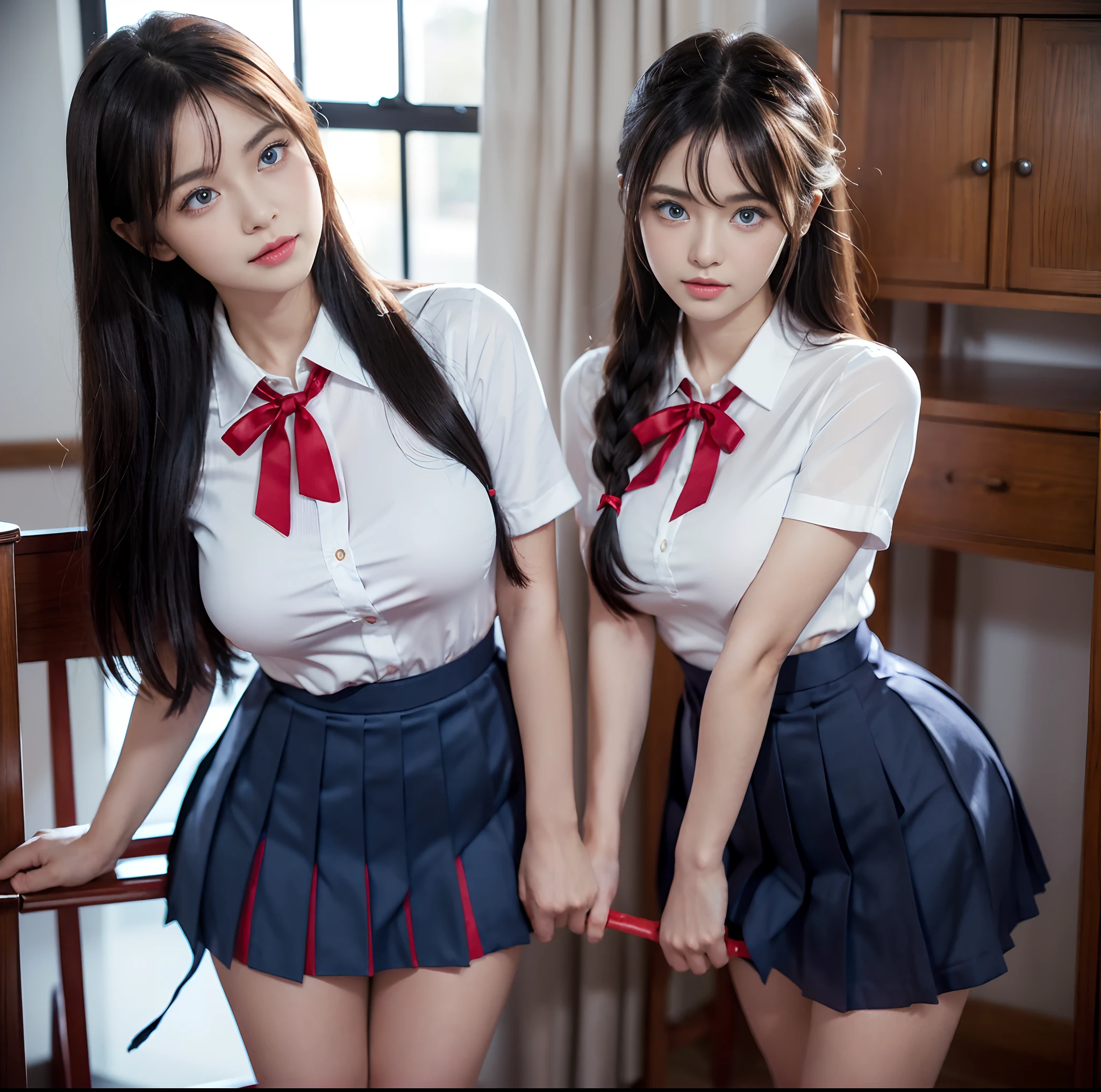 top-quality, 8K picture quality, ​masterpiece, Professional lighting without shadows, Two Women, (with perfect body、Colossal breasts with tension:1.2), Bright whitening skin, (Bright and beautiful blue eyes with plump red tear bags reflect a lot of light.:1.2)、 (They wear tight white blouses with crimson ribbon ties tied around the collars.), (No skin is exposed on the upper body:1.2), Micro mini pleated tartan check skirt, (their skirts are incredibly short:1.3), (Show off your big breasts from the front:1.3), (Another girl on the other side is exposing her big butt from behind:1.2),