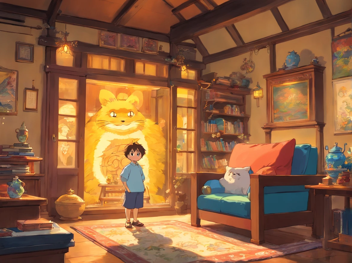 In the study,The little boy was happy,Thinking about what wishes you want to make for this year's festival