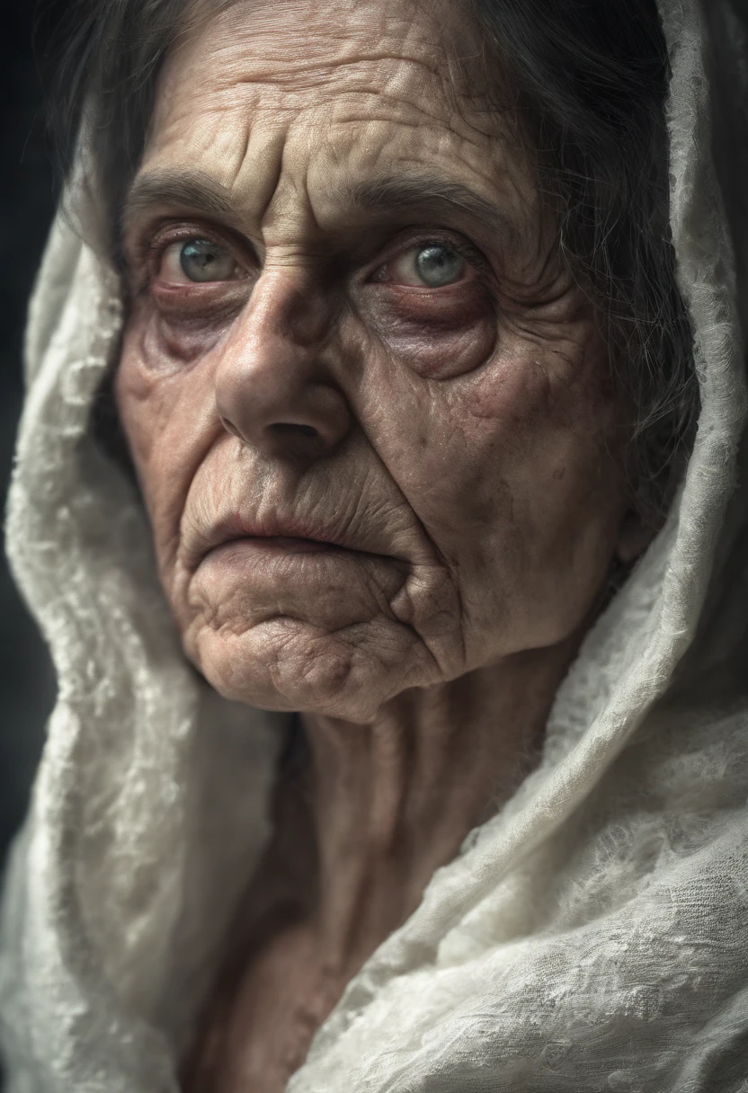 Mulher muito velha, it looks like a corpse, metade de seu rosto deformado, olhar irritado, cabelos grisalhos curtos, pale wrinkled skin, pupila amarela, postura curvada, olhar penetrante e maligno, longo manto preto, Roupas rasgadas, Manto de penas de corvo nas costas, lado esquerdo do corpo coberto com faixas e capuz, lugar escuro, suspense, Misterioso, filme de terror, seios grandes