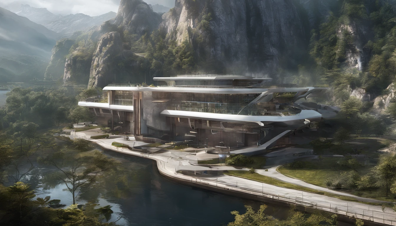 It is mainly landscaped by mountains and rivers,A modern building,The building is predominantly minimalist with a small number of cyberpunk elements
