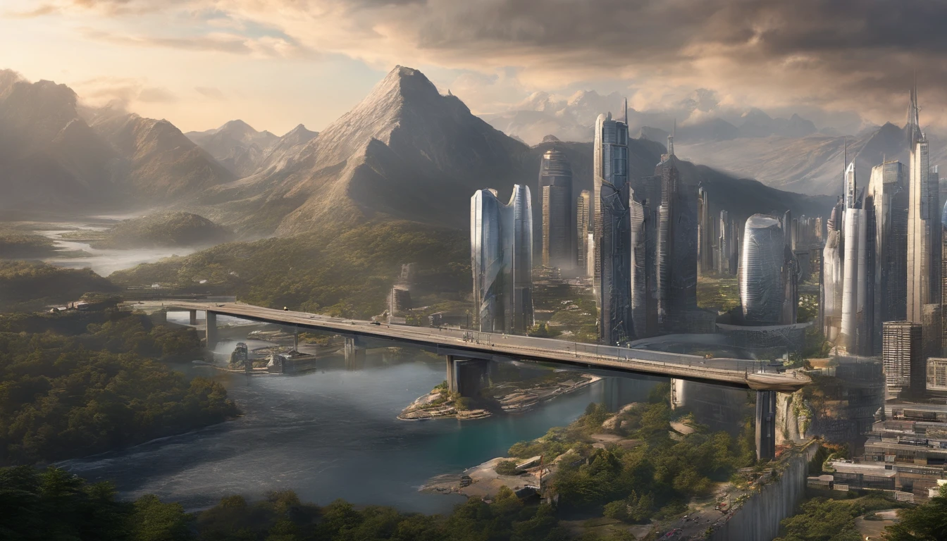 It is mainly landscaped by mountains and rivers,A modern building,The building is predominantly minimalist with a small number of cyberpunk elements