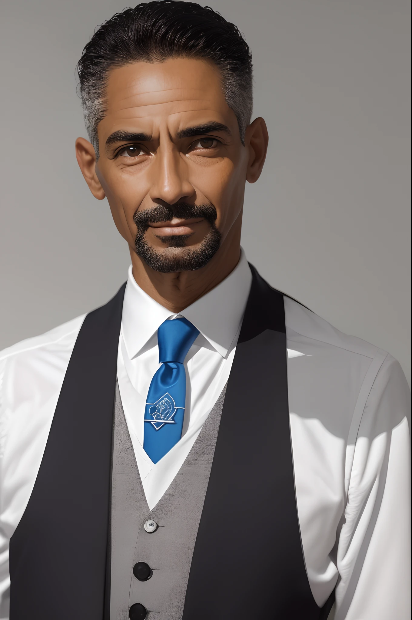 (alto,Realistic), belo homem negro careca elegantemente vestido posando para fotos, manualmente pintado em um estilo realista, com um fundo de paisagem urbana ao entardecer, Her facial expression is serious and confident, ele usa um terno preto perfeitamente ajustado, With a Windsor tie knot, His eyes convey determination, He holds a vintage still camera, com foco manual e controle total, a luz do sol destaca os detalhes do seu rosto e roupas, criando uma sombra suave e bonita em sua pele, The color palette is sophisticated and elegant, com tons de preto, cinza e azul escuro, Perspectives are slightly skewed, Adding dynamism to the image, The style of the painting is hyper-realistic, com texturas e detalhes finos em cada pincelada, The purpose of the photo is to capture the essence of the man, Her magnetic personality and powerful presence, The end result is an exceptionally realistic and stunning work of art.