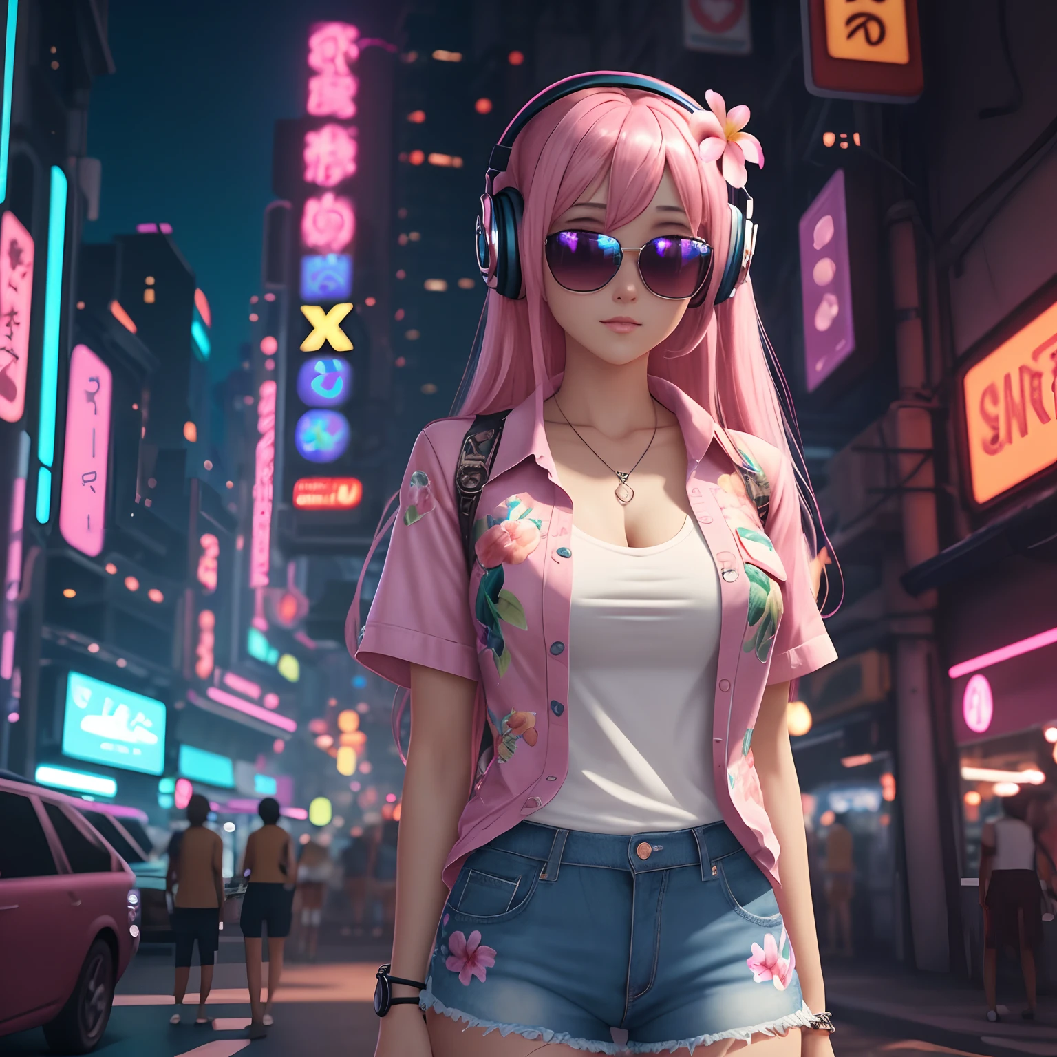 Masterpiece, best quality, (very detailed CG unity 8k wallpaper) (best quality), (best illustration), (best shadows), single female, full body, long pink hair, anime, large breasts, short sleeve button up hawaiian shirt with flowers, jean shorts, cyberpunk, neon, sunglasses, headphones, detailed skin, beautiful face, solo female, neon city, age mid 30's, apple neon sign in background, single apple slice on clothes, apple necklace