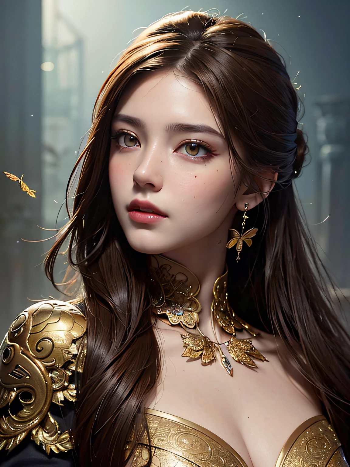 8k portrait of beautiful cyborg with brown hair, intricate, elegant, highly detailed, majestic, digital photography, art by artgerm and ruan jia and greg rutkowski surreal painting gold butterfly filigree, broken glass, (masterpiece, sidelighting, finely detailed beautiful eyes: 1.2), hdr,