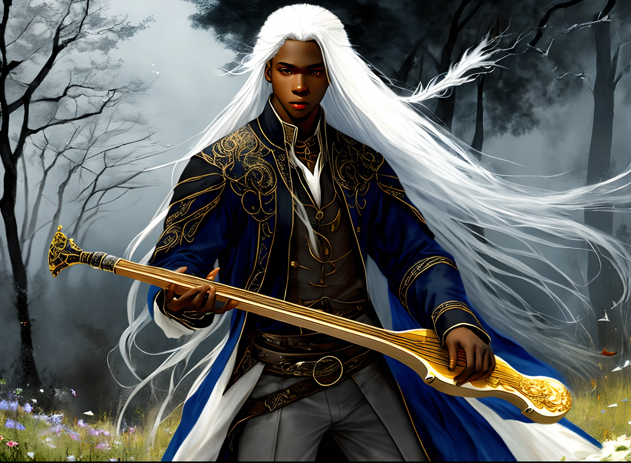 African american young adult, male, long white hair with golden eyes, victorian clothes , carrying a lute and shadow blades, surrounded by undead