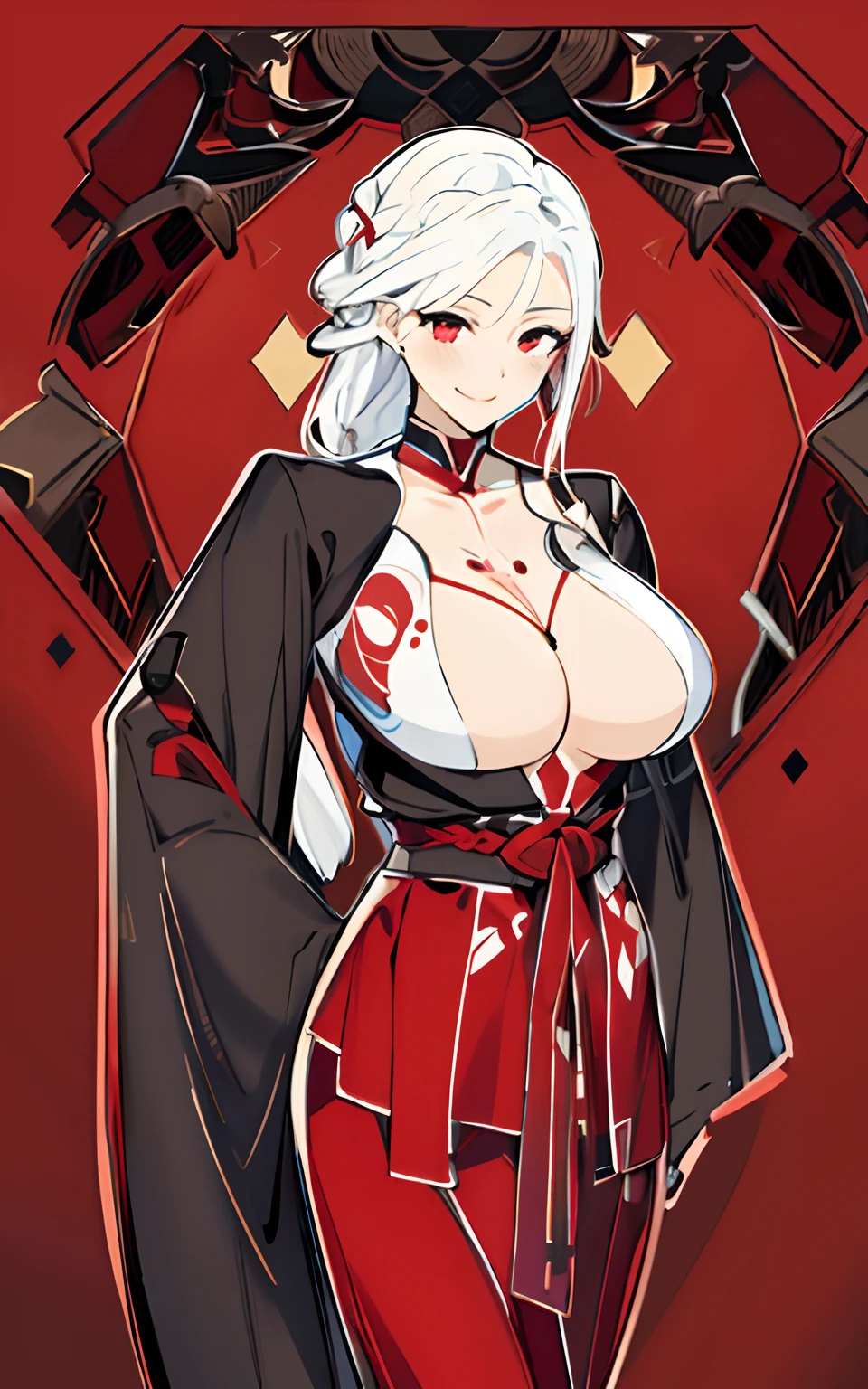 (((masterpiece))),(((bestquality))),((ultra-detailed)),(illustration),((an extremely delicate and beautiful)), dynamic angle, floating, (beautiful detailed eyes),(detailed light) (1girl), solo, floating_hair, glowing eyes, two-tone hair, white hair, red hair, red eyes, braid, braided ponytail, ((large breasts)), cleavage, atdan, zeroshiki_kouichi, white and red background, indonesia, smile, beauty mark, mole, kebaya, indonesian traditional dress, batik,