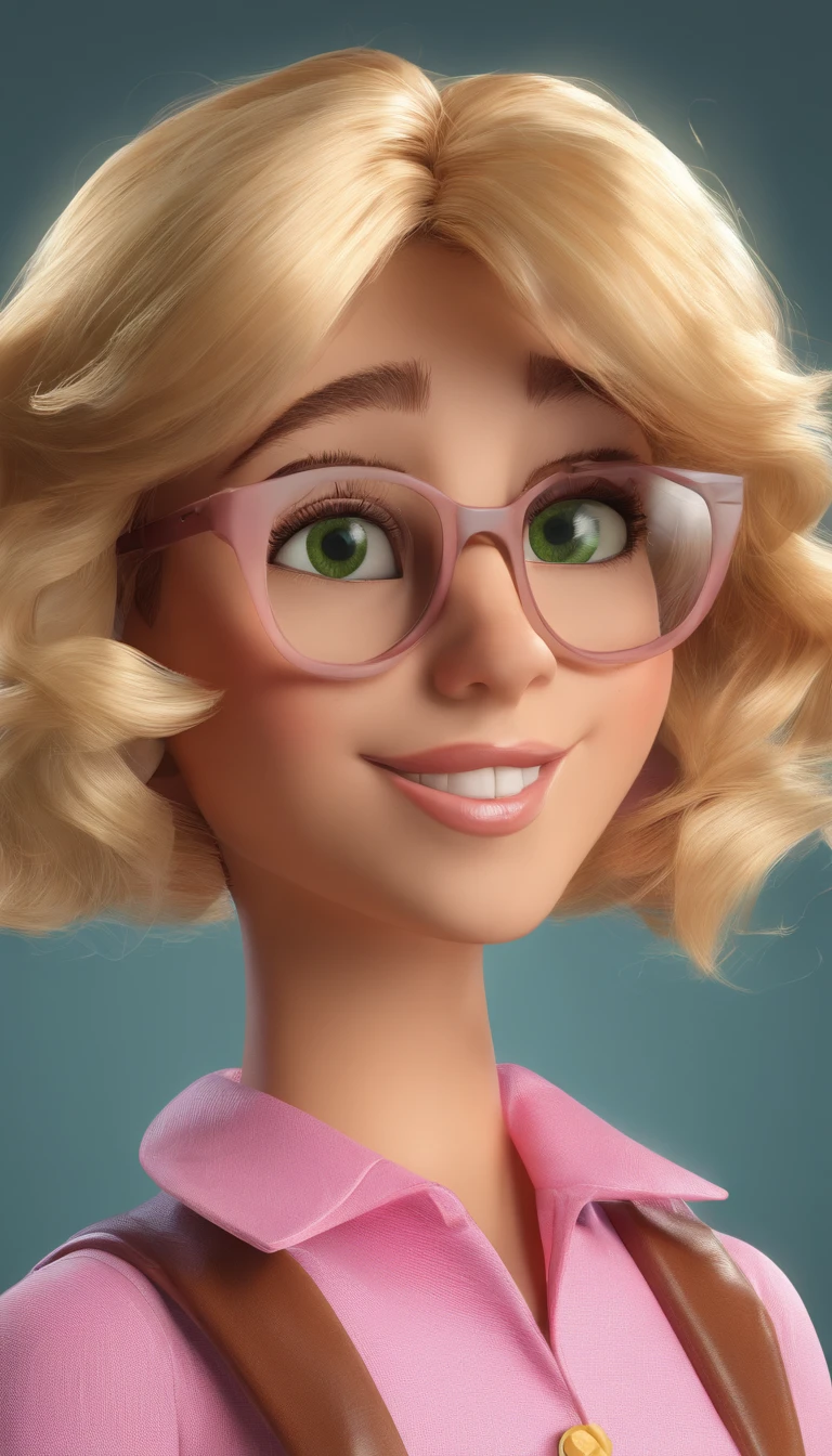 Blonde hair, wavy hair, green eyes, big eyes, with glasses, full mouth, sharp nose, brown skin, Disney Pixar style.