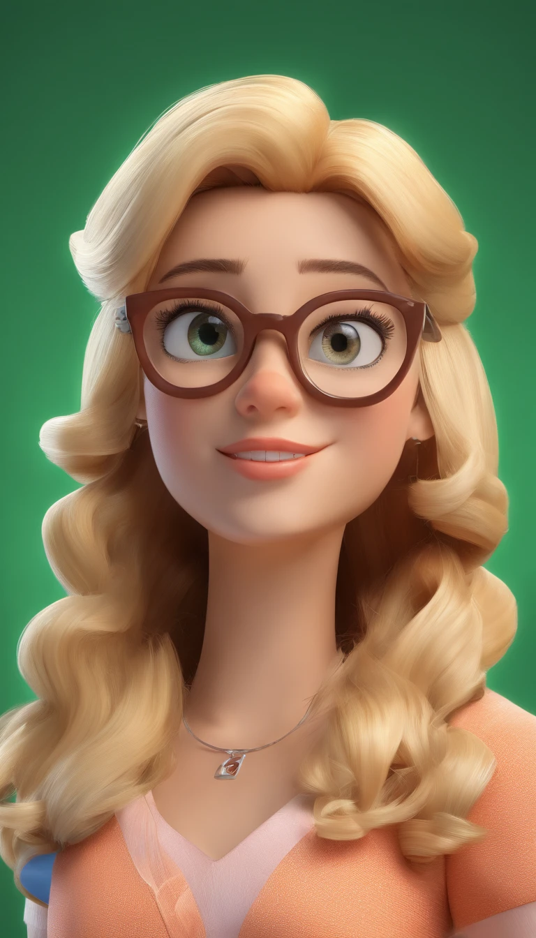 Blonde hair, wavy hair, green eyes, big eyes, with glasses, full mouth, sharp nose, brown skin, Disney Pixar style.