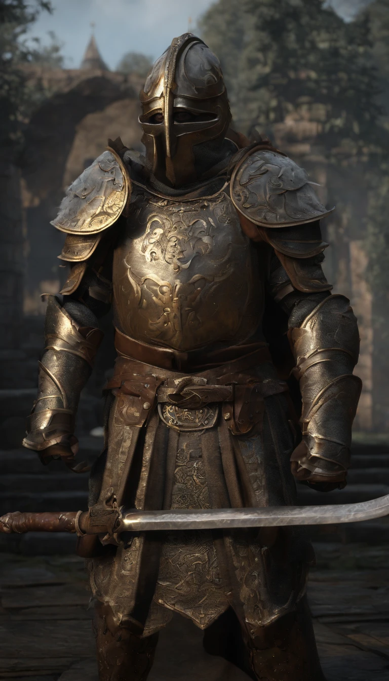 guerreiro, Conceito-Arte, autor:Kishiganku, arte de fantasia, Fundo do templo zen, clean render, um chifre, Use um conjunto de armadura, detailed bushido form smoke, capacete de uma divindade esquecida, character is standing, 8k realista, in game render, detalhe detalhado do fundo do rosto, Art Station home page, touro, Fantasia pseudo-medieval, Uma divindade vestindo armadura koi, armadura de bronze detalhada, Armadura de Bronze, armadura gravada dourada, Armadura Obsidiana de Ouro, armadura de ouro claro, Linda armadura de filigrana, A demonic warrior, Linda armadura cheia de espinhos, intrincada armadura assasin, armadura de metal intrincada, guerreiro poderoso, Vestido com uma linda armadura dourada,Decorated with intricate patterns, O capacete tem uma grande coroa e dois chifres, Everything is in the dark, The smoky background alludes to battle scenes, Adicione uma aura sinistra ao seu personagem,Huge demonic wings of demons,submission, tiro de corpo inteiro.