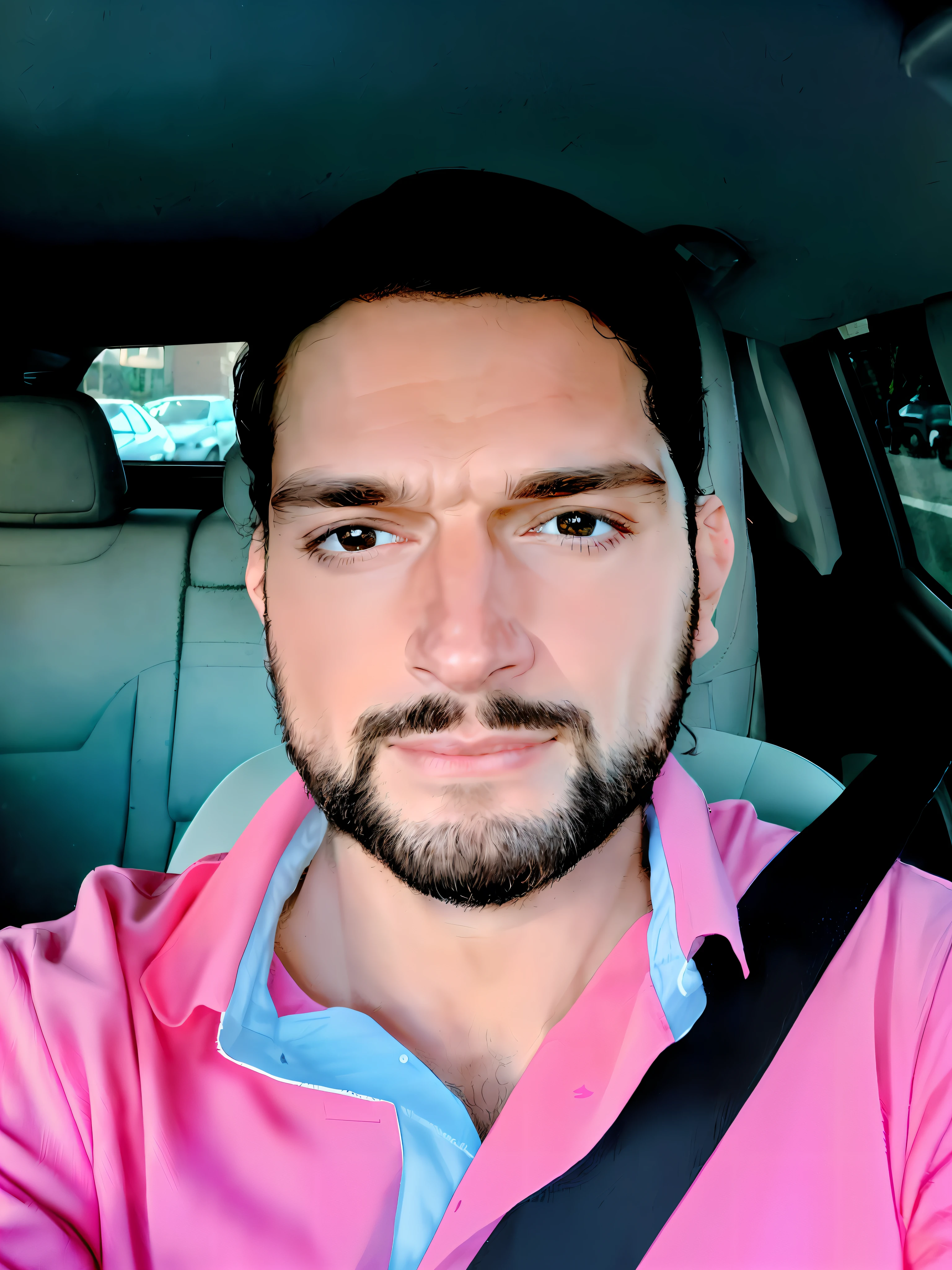 (best quality, 8k selfie photography), portrait of handsome man, light brown eyes, fair and clean skin, no expression marks on the skin, very beautiful black shirt, sitting in a black car, nose similar to movie star henry cavill about 35 years.