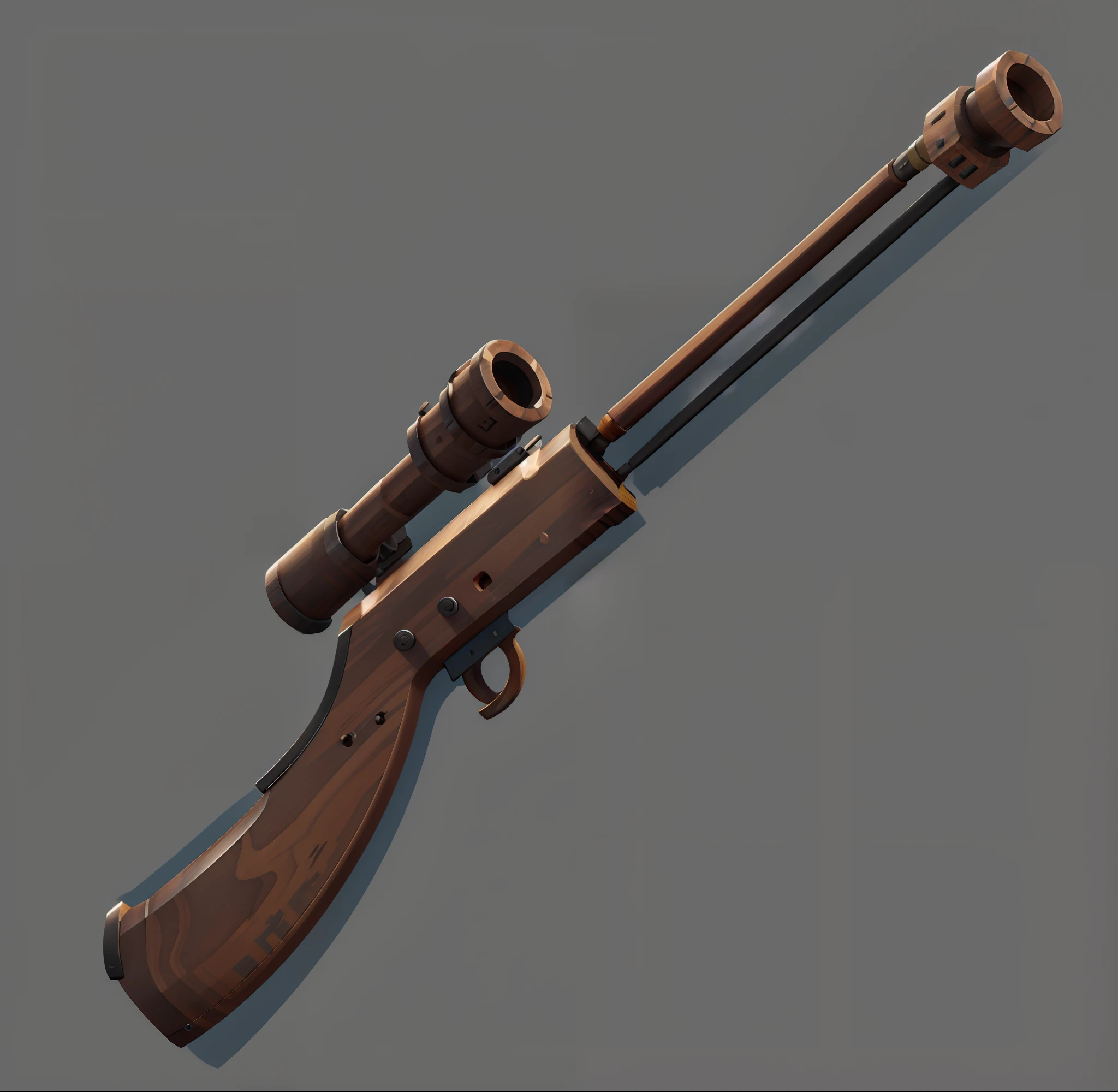 Close-up of a rifle with a wooden barrel and two metal handles, Double-barreled shotgun, realistic weapons, 2d game asset, game assets, realistic gun design, very flat shading, weapon concept art, realistic gun, role-playing game items, heavily stylized, simple shading, bolt action rifle, Weapon design, heavy shading, rpg item render, rifle, realistic weapons