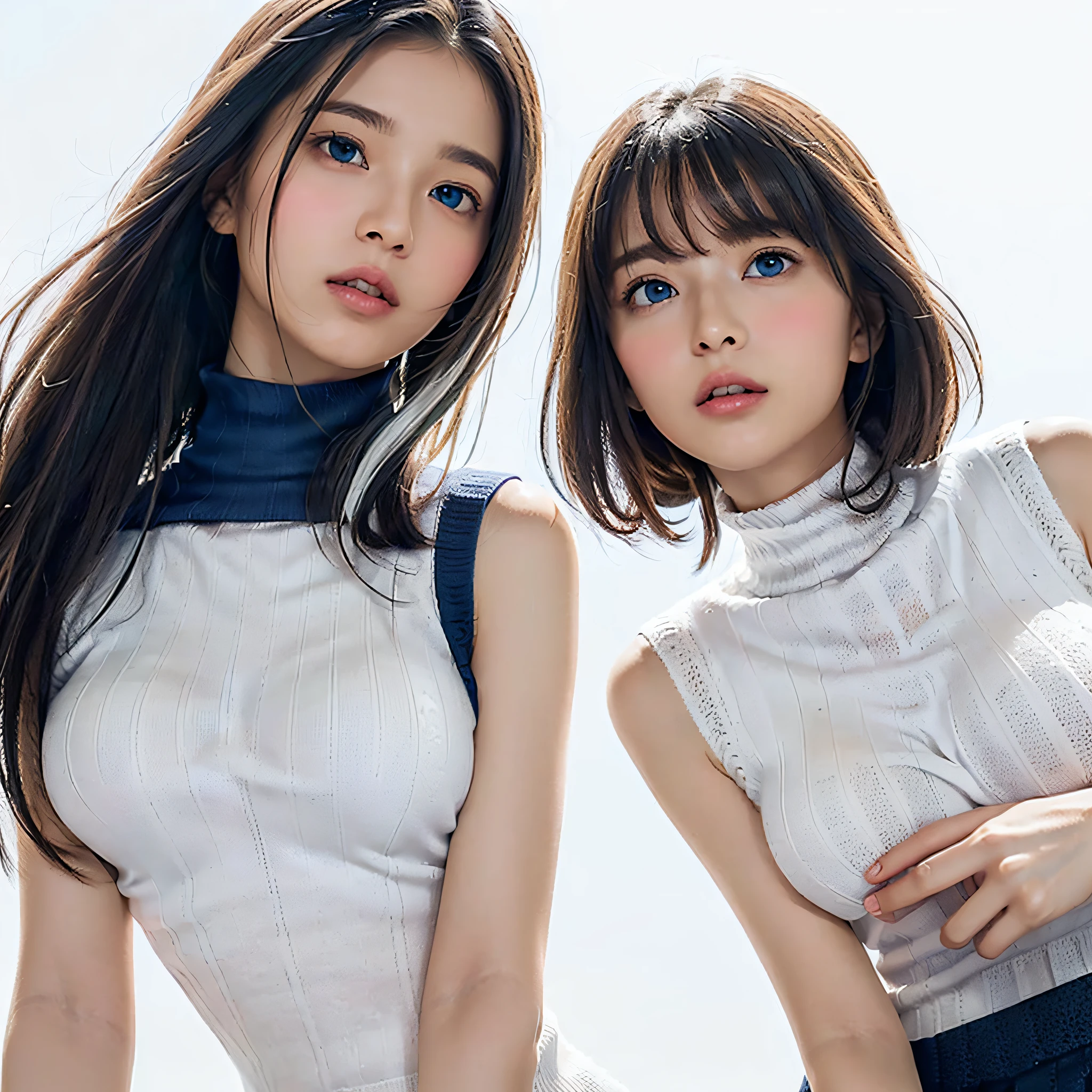 (((Shoot from below:1.3), simple gradation background:1.4)), (masutepiece, Best Quality, (Realistic, Super Real, Super Reality:1.5), (Photography)), ((2girls, duo:1.8)), (Neat and innocent personality, Gentle atmosphere:1.4), ((white color hair, (Straight very long moist hair):1.5)), (Smile:0.9), (eyes gentle), (Looking at Viewer, cinemagraph), BREAK ((Perfect beauty, Very porcelain skin, Very fair skin, Quality and beautiful skin:1.3), Super Smart, (Faces with random and very beautiful details:1.4), (Beautiful face with symmetry, symmetrical beautiful eyes, (blue color eyes:1.2), Fine Eyes Detail, Fine face:1.3), (Large eyes, Hyper Detail Eyes, Very clear eyes:1.4), ((2females:1.4)), up of face, Slender face、Smart face, light brown hair, Blunt bangs, hair behind ear, hair over shoulder, Long hair, slender body shape, Ultra Fine Face, Thin face, Delicate lips, Keep your mouth shut, Beautiful eyes, thin blush, eyes are light brown, perfect glossy skin, flawless skin, View here, Ultra-thin hands, Ultra-fine fingers:realisitic:1.5), One-person viewpoint, Fuji Film, 8K, masutepiece, nffsw, Super Detail, High quality, Best Quality, hight resolution, ((Don't show your fingertips))、the golden hour Beautiful light, (((Schoolgirl Uniform)))、((White Short Sleeve Low Cut (Sleeveless Tight Turtleneck Fabric Thin Summer Knit:1.4)))、((Ultra Micro Mini Dark Blue Pleated Skirt))、 ((Very large breasts, firm breasts:1.7)、((Slender body、A slender)))、 (((Positive image:1.3)))、