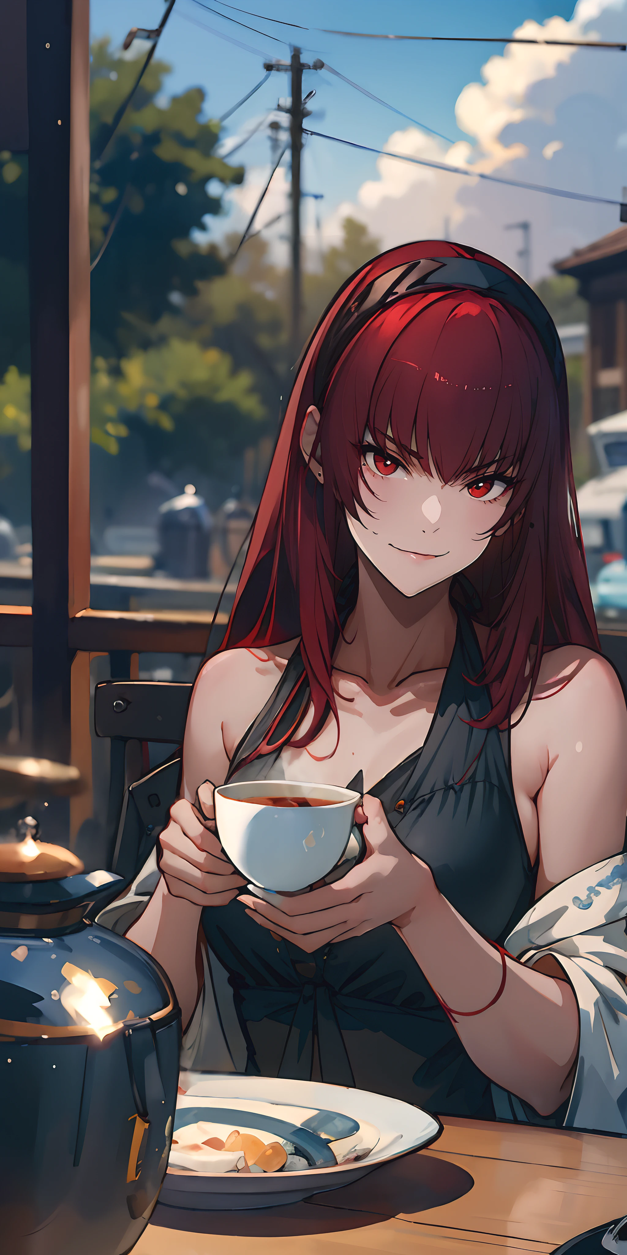 (long hair, red hair:1.6), black hairband, epic art, fantasy, 1girl, blurry, cup, depth_of_field, solo, holding, looking_at_viewer, holding_cup, blurry_foreground, long_sleeves, day, dress, sky, cloud, upper_body, table, outdoors, cloudy_sky, teacup, breasts, virtual_youtuber, blurry_background, blue_sky, black_dress, plate, steam, "Photorealistic, Hyperrealistic, Hyperdetailed, analog style, soft lighting, subsurface scattering, realistic, heavy shadow, masterpiece, best quality, ultra realistic, 8k, golden ratio, Intricate, High Detail, film photography, soft focus", anime coloring, anime screencap, sweating, steaming body, fog