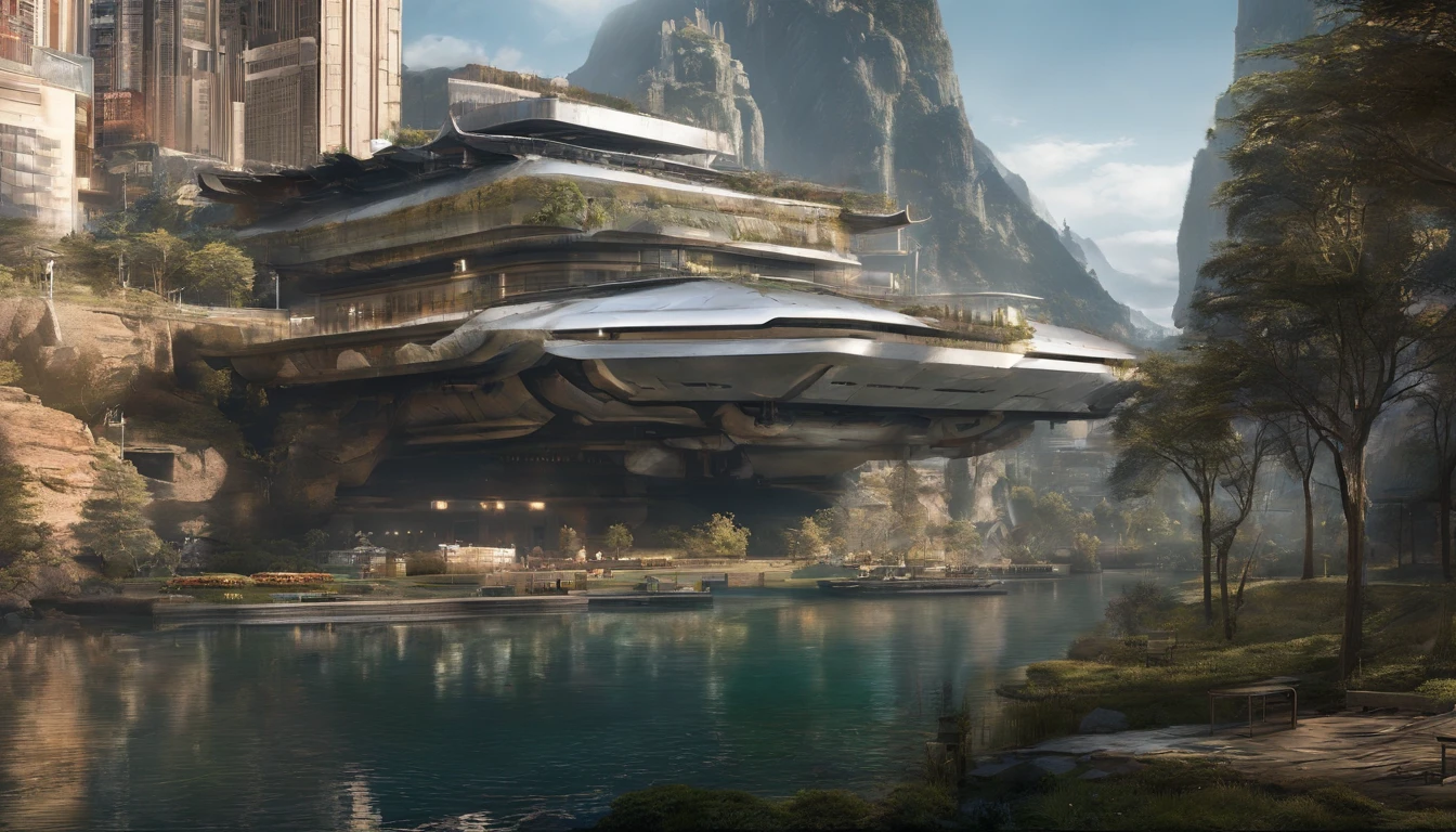 It is mainly landscaped by mountains and rivers，There is only one modern building，The building is predominantly minimalist with a small number of cyberpunk elements