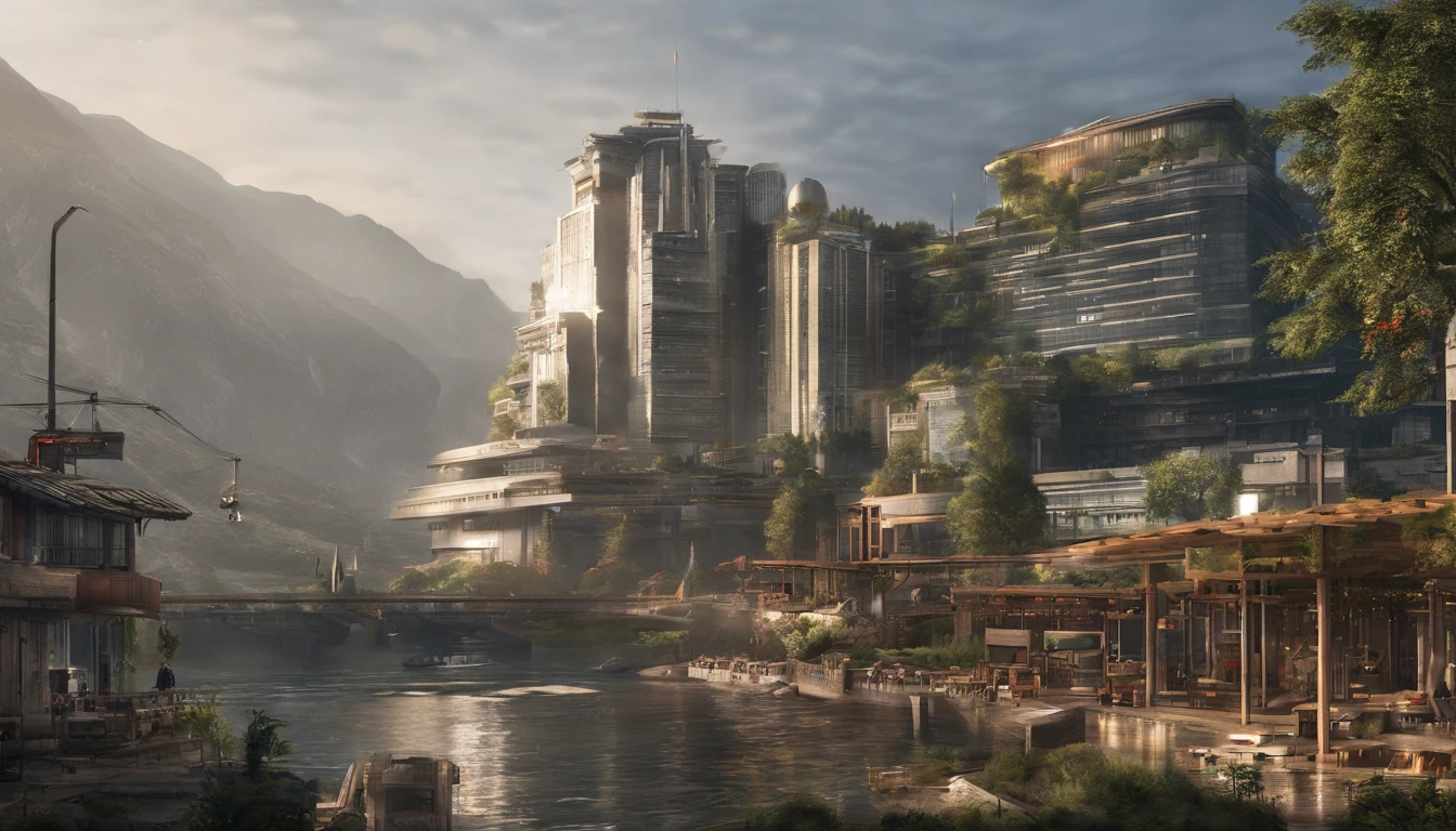 It is mainly landscaped by mountains and rivers,There is only one modern building,The building is predominantly minimalist with a small number of cyberpunk elements