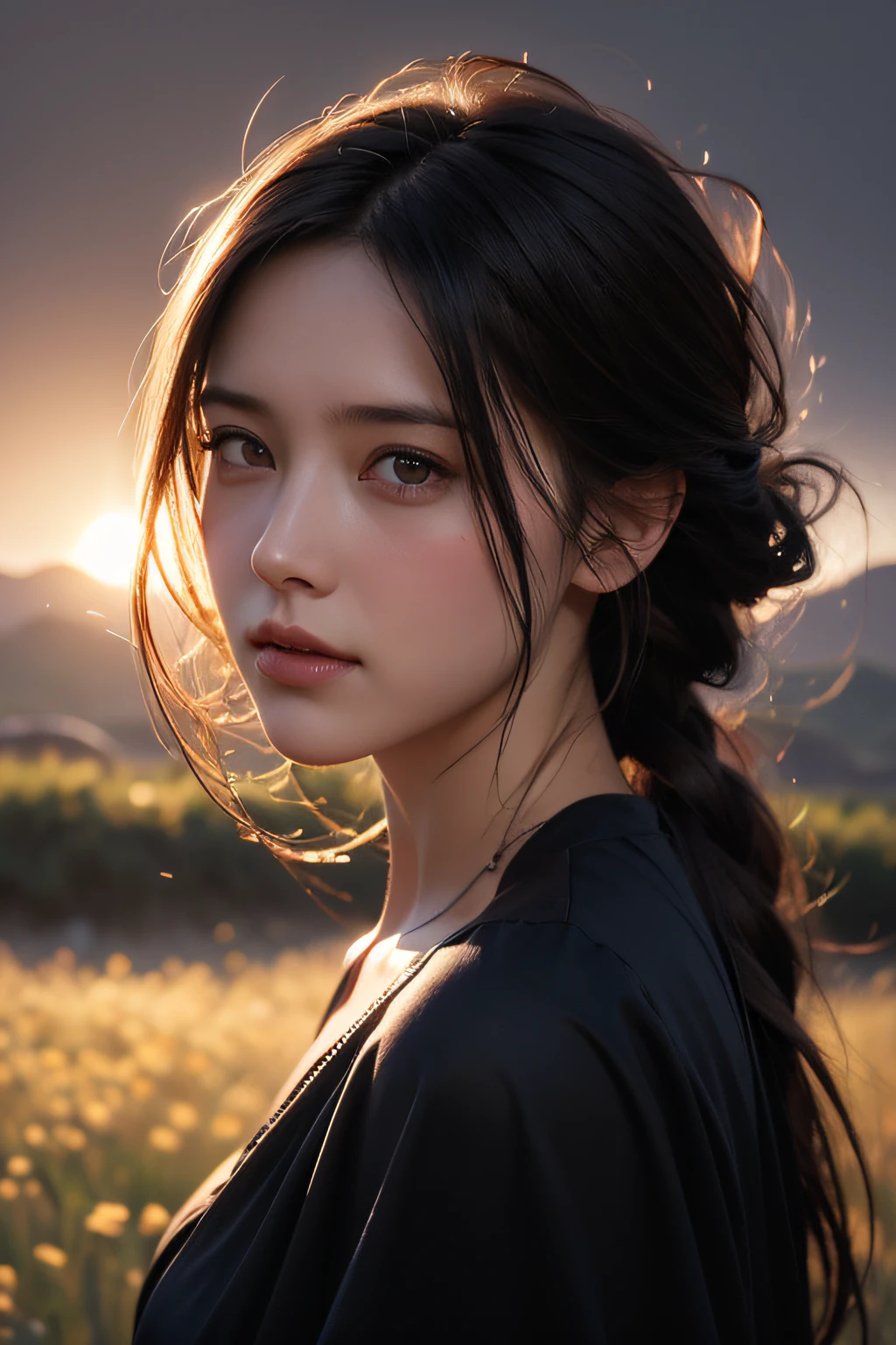 Portrait of cute woman in bright windy field, River, (Backlighting), Realistic, masutepiece, Highest Quality, Lens Flare, Shade, bloom, [[chromatic abberation]], Jeremy Lipking, Antonio J. Manzanedo, Digital Painting, Style - Glass Final, Natural Skin Texture